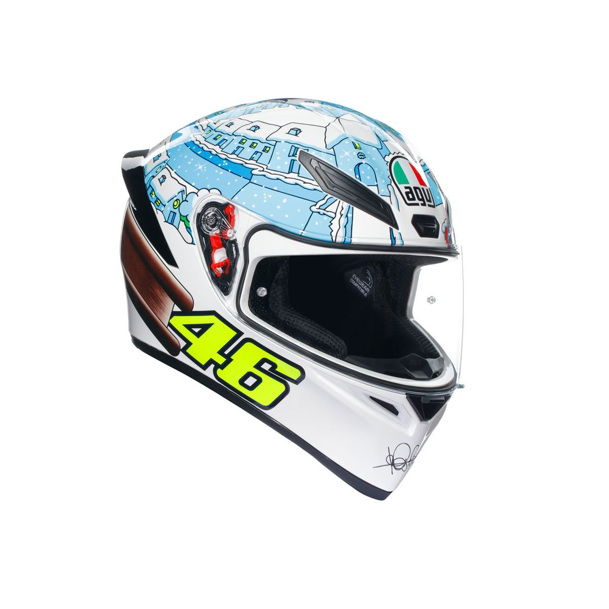 Motorcycle helmet with colorful design and number 46 on a white background