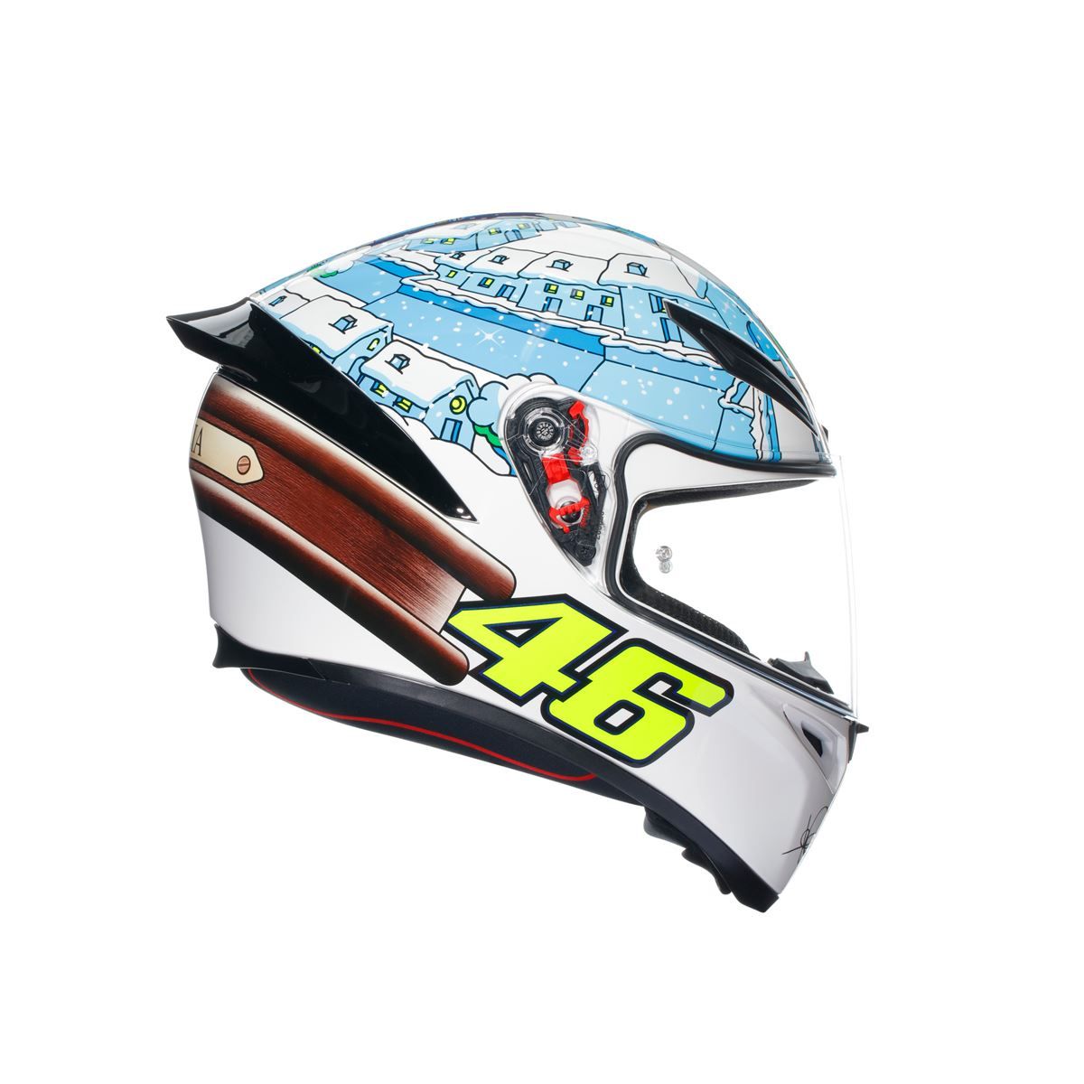 Motorcycle helmet with colorful design and number 46 on a white background