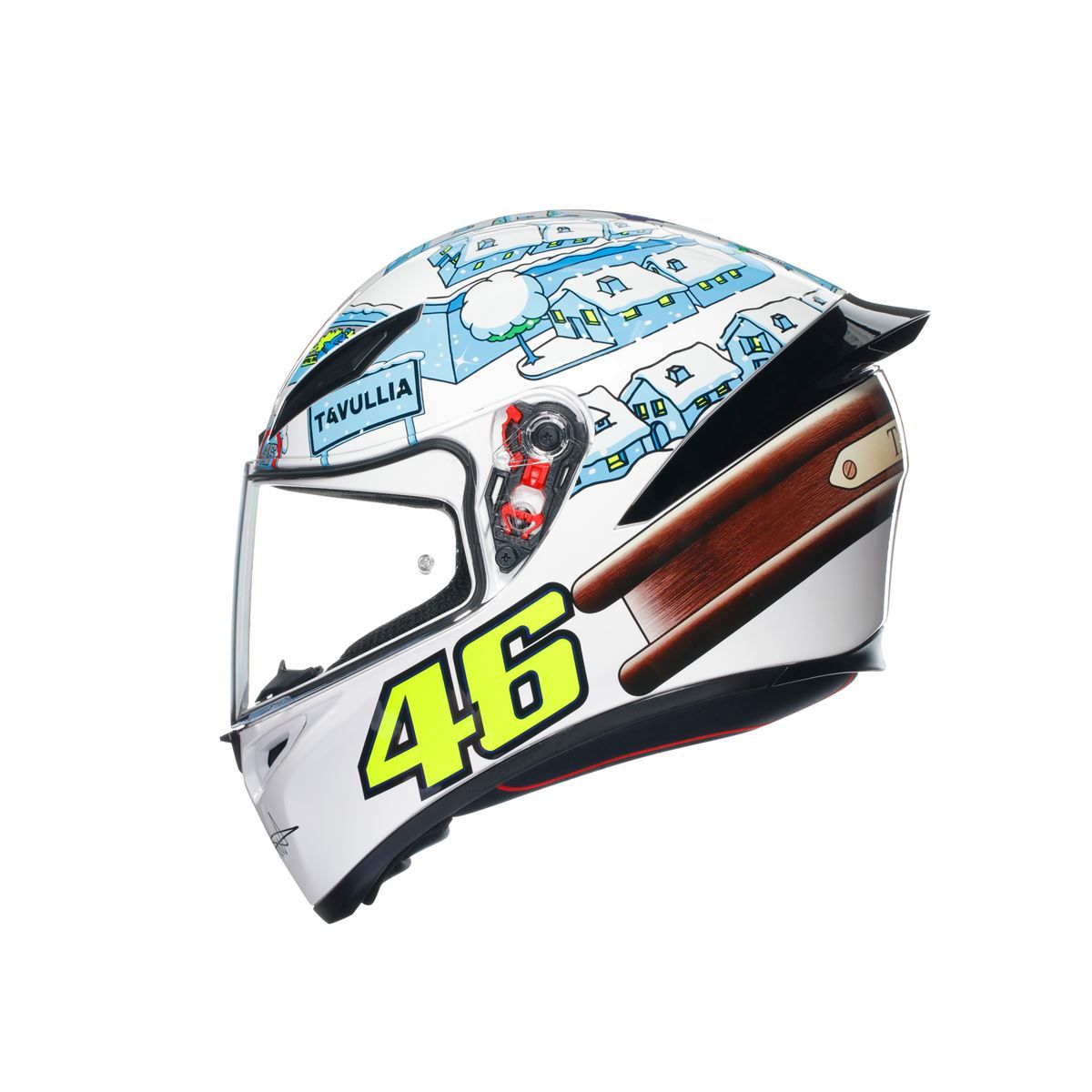 Motorcycle helmet with colorful design and '46' logo on a white background