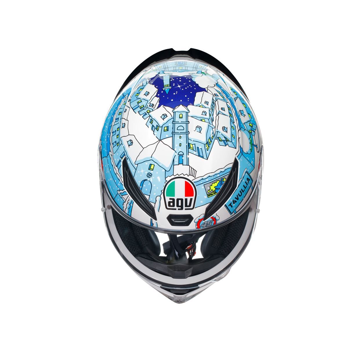 Motorcycle helmet with a scenic design and Agv logo on a white background