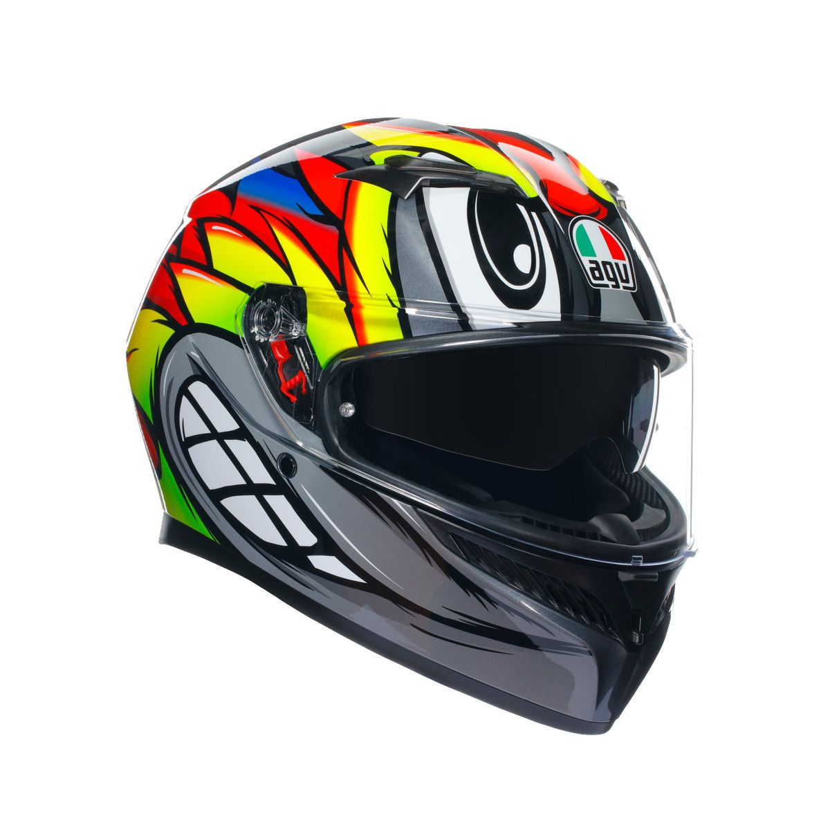 Colorful motorcycle helmet with visible branding on a white background