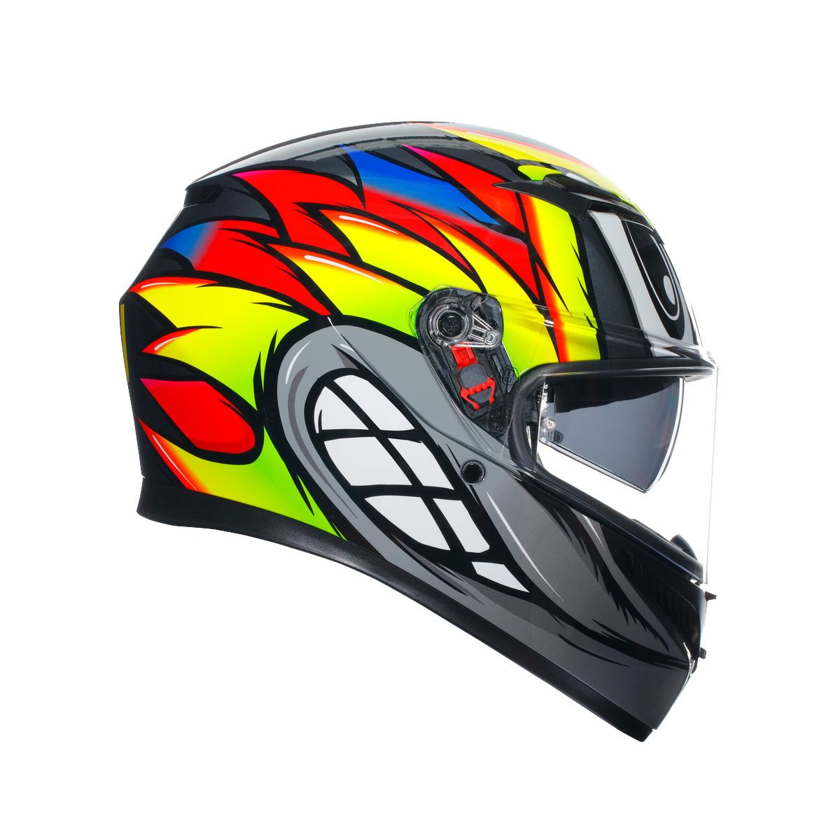 Colorful motorcycle helmet with a vibrant design on a white background