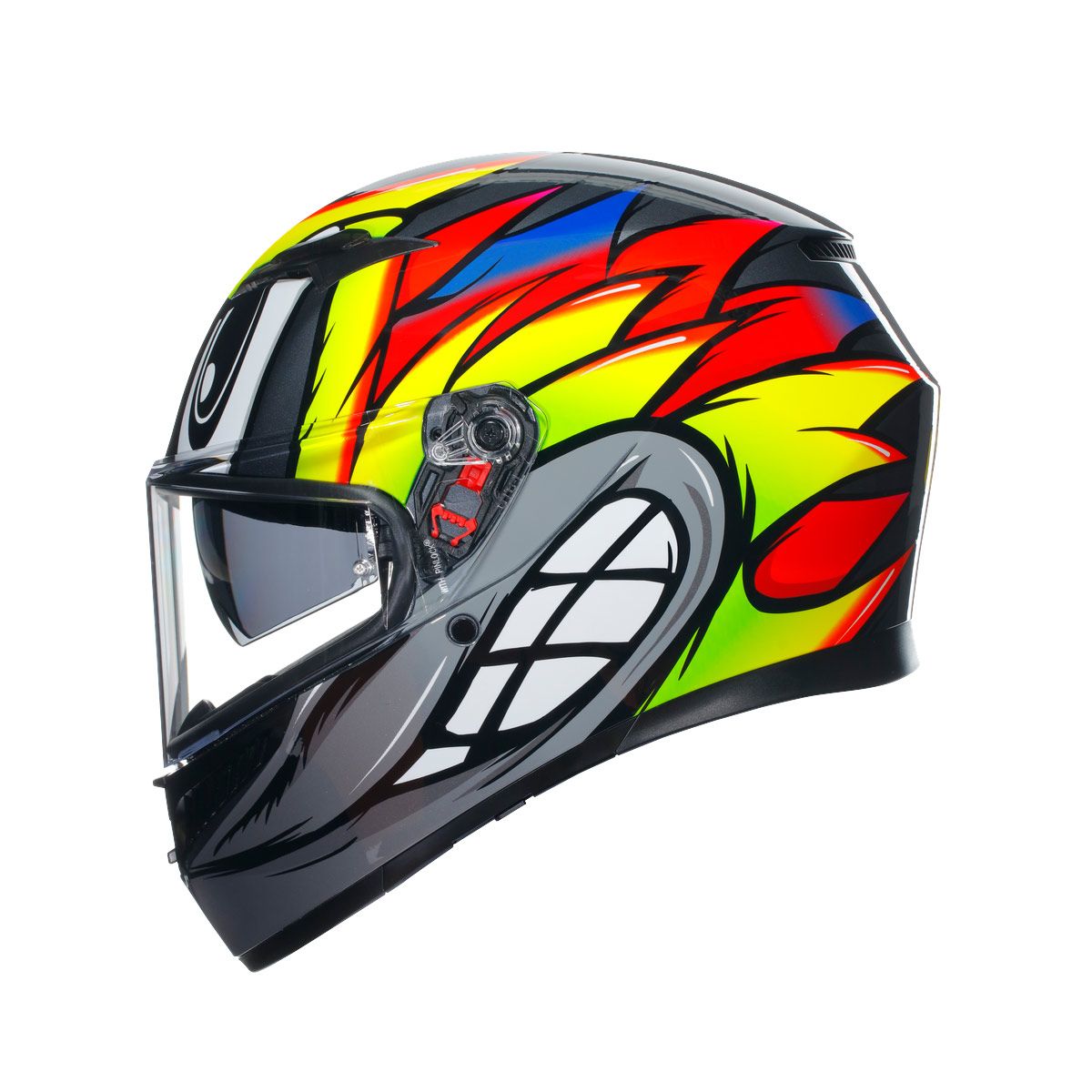 Colorful motorcycle helmet with a vibrant design on a white background