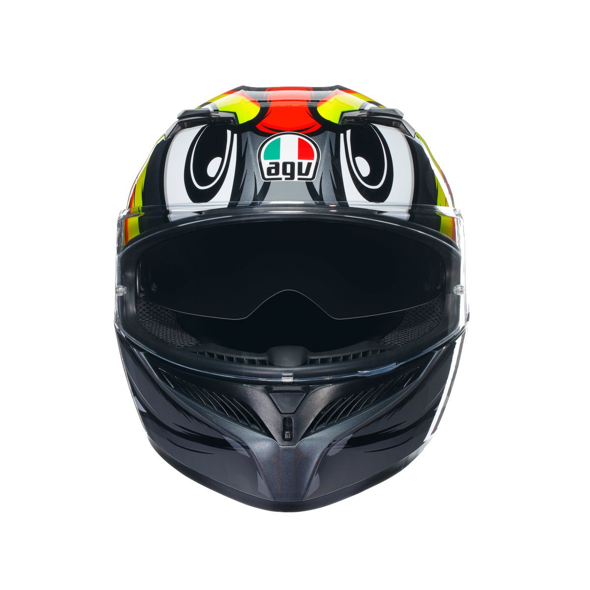 Motorcycle helmet with colorful design and Agv logo on a white background