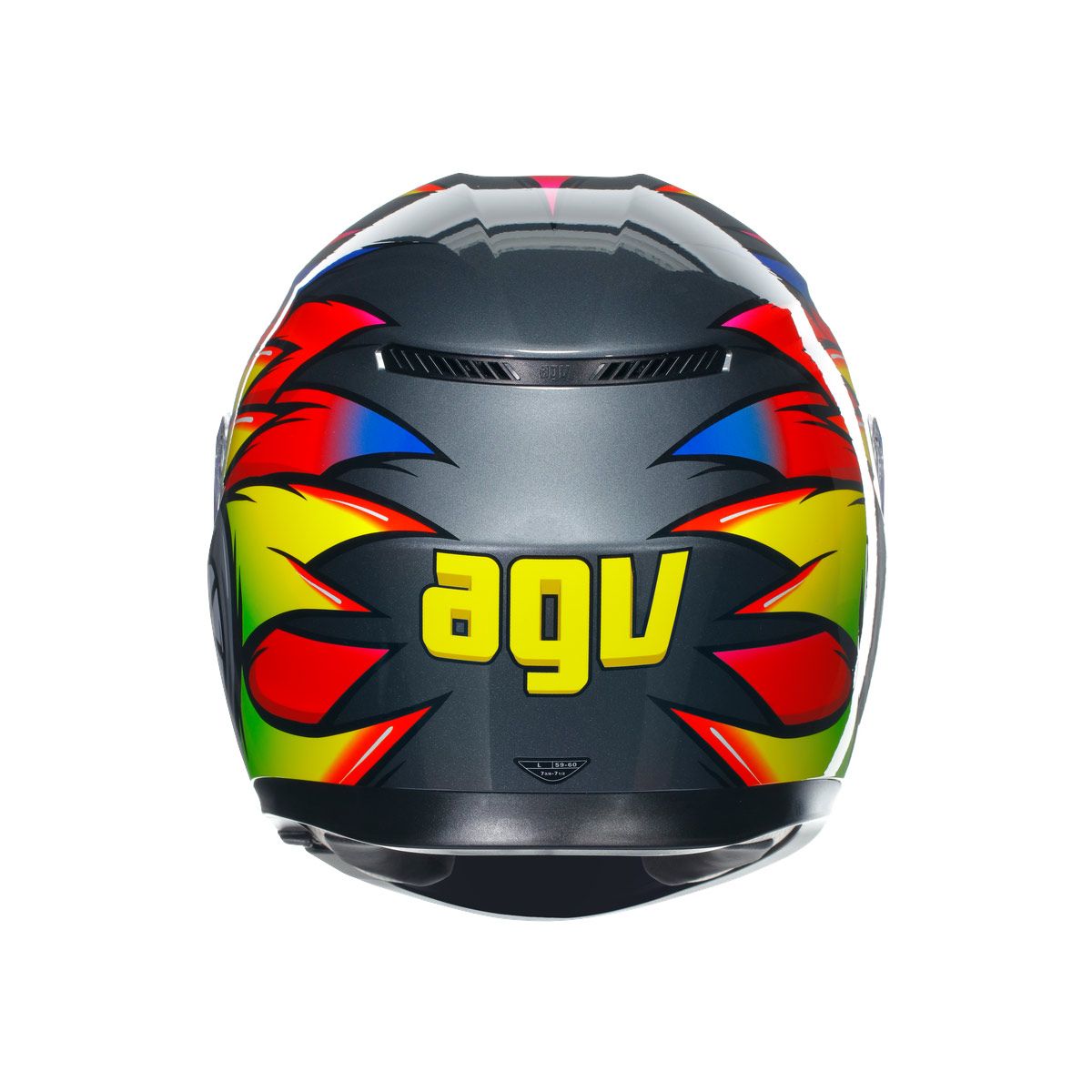 Motorcycle helmet with colorful design and 'agv' logo on a white background