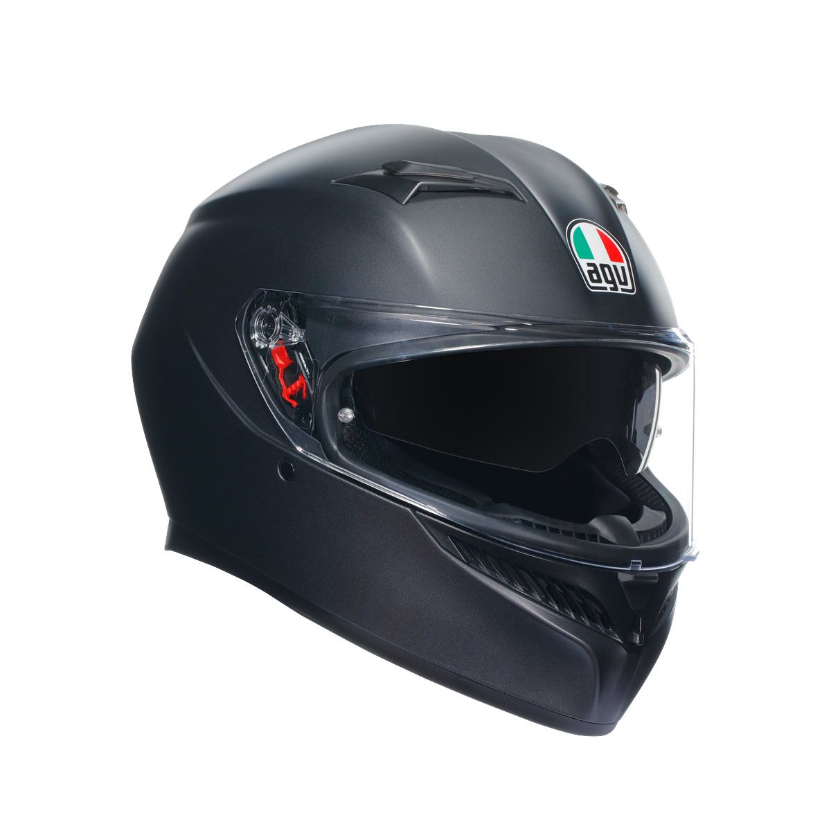 Black motorcycle helmet with AGV logo on a white background