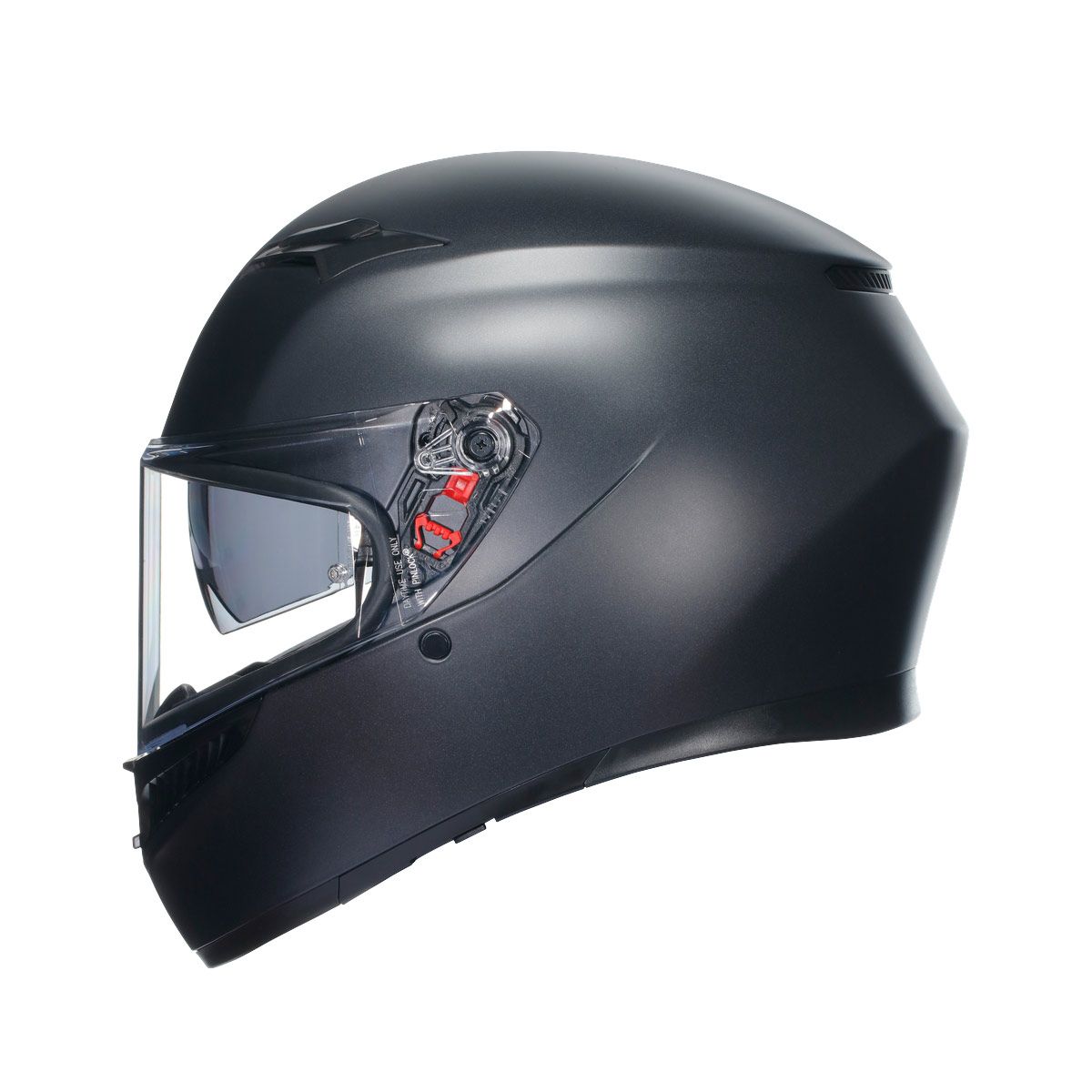 Black motorcycle helmet with clear visor on a white background