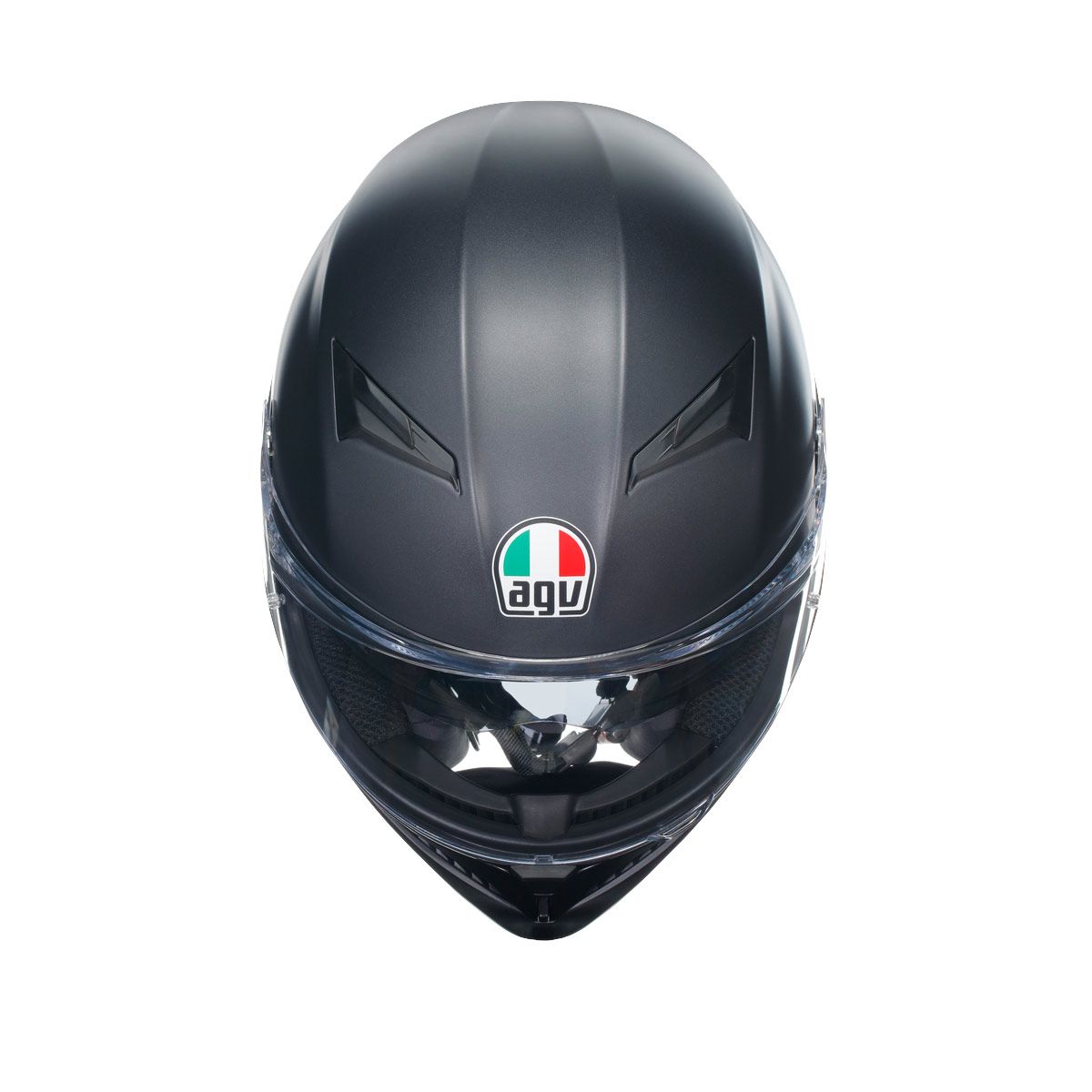 Black motorcycle helmet with Agv logo on a white background