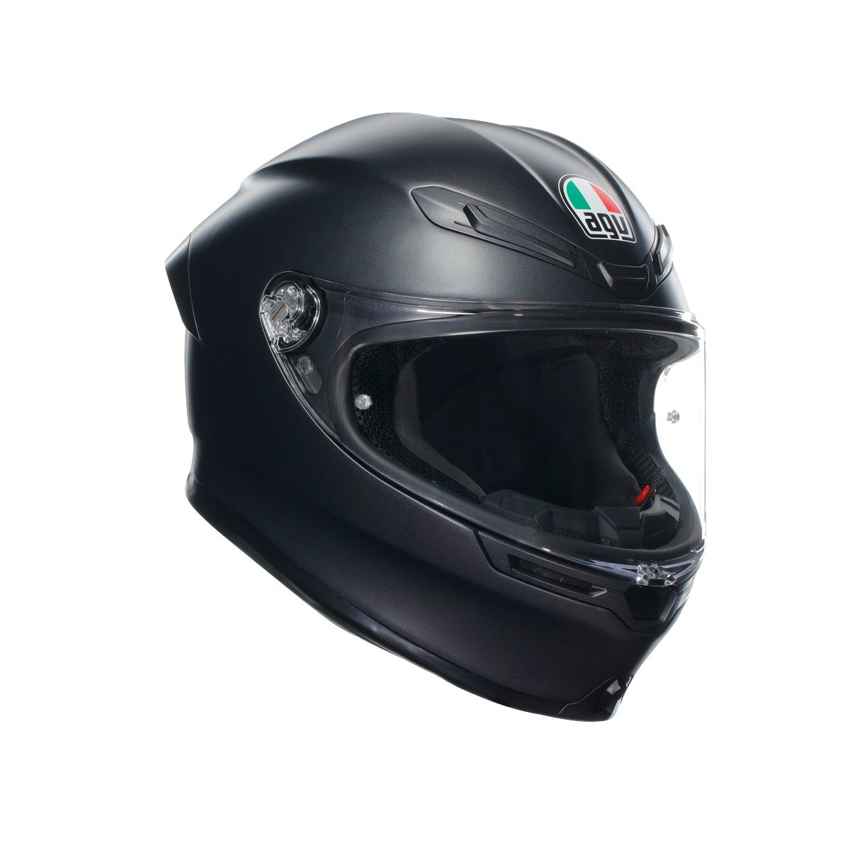 Black motorcycle helmet with Agv logo on a white background