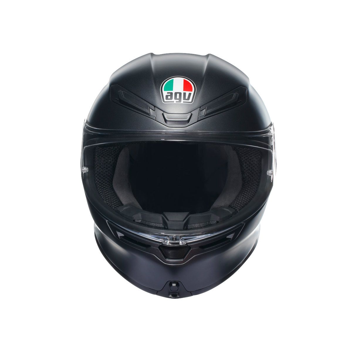 Black motorcycle helmet with AGV logo on a white background