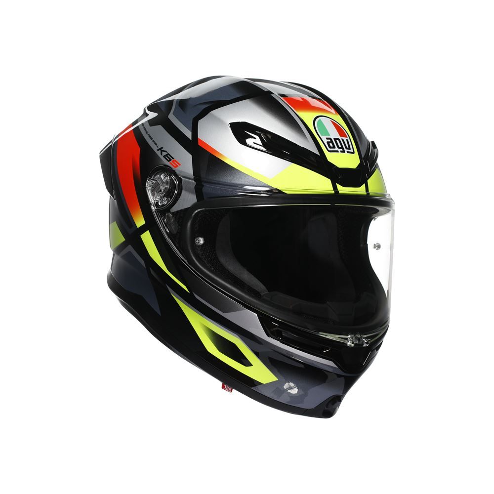 Black motorcycle helmet with colorful design on a white background