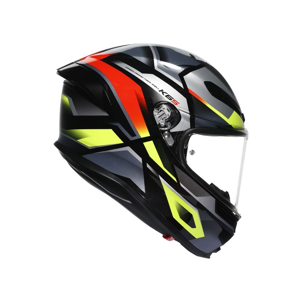 Motorcycle helmet with black, red, and yellow design on a white background