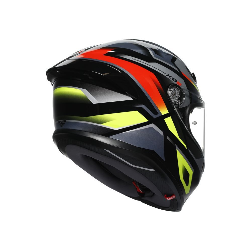 Black motorcycle helmet with red and yellow accents on a white background