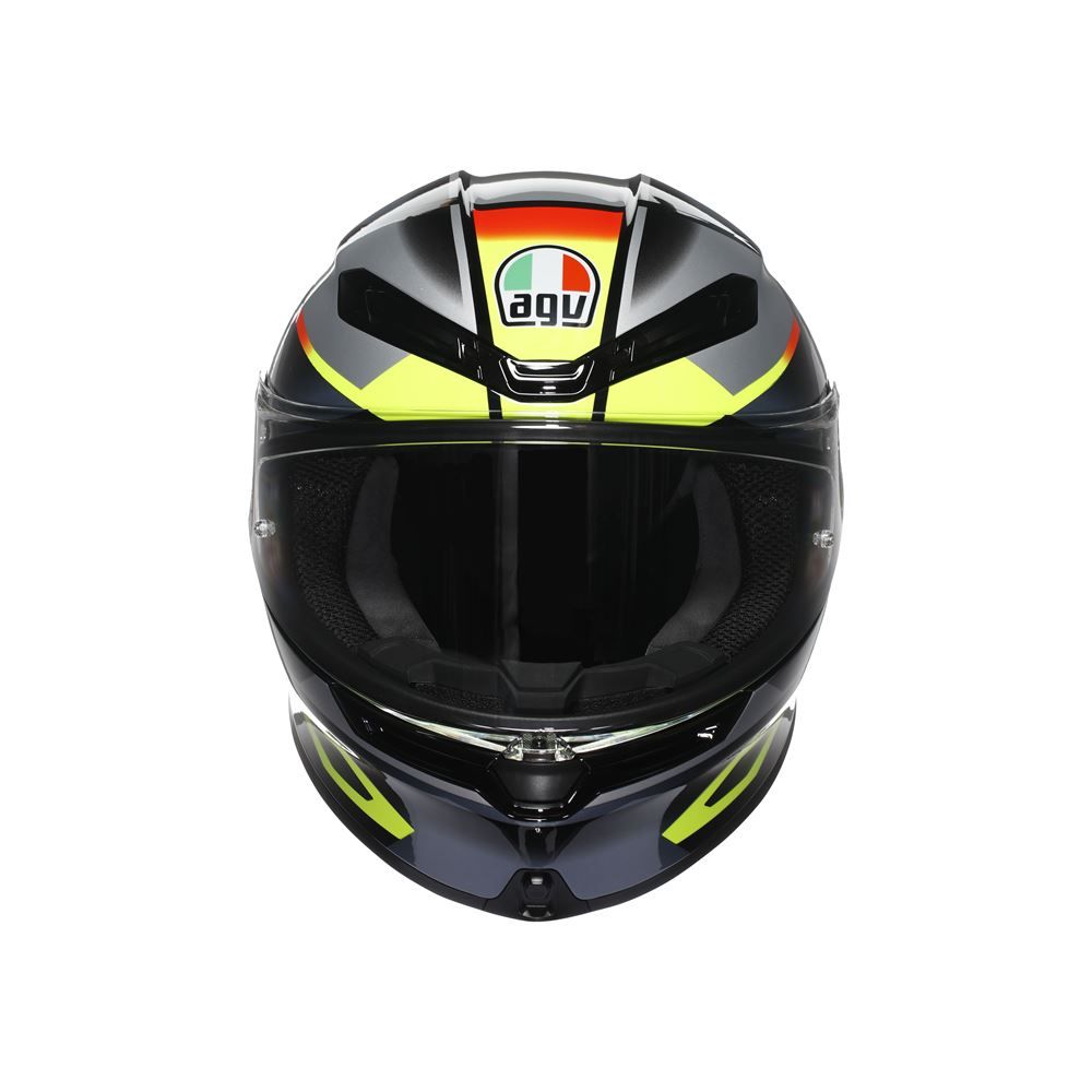 Black motorcycle helmet with colorful design and Agv logo on a white background