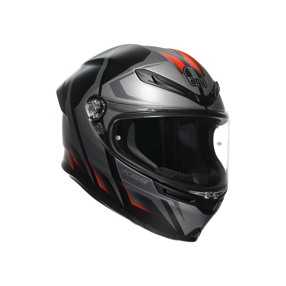 Black and gray motorcycle helmet with red accents on a white background