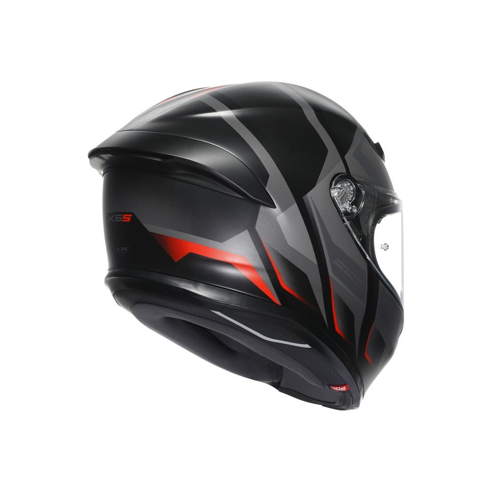 Black motorcycle helmet with red accents on a white background