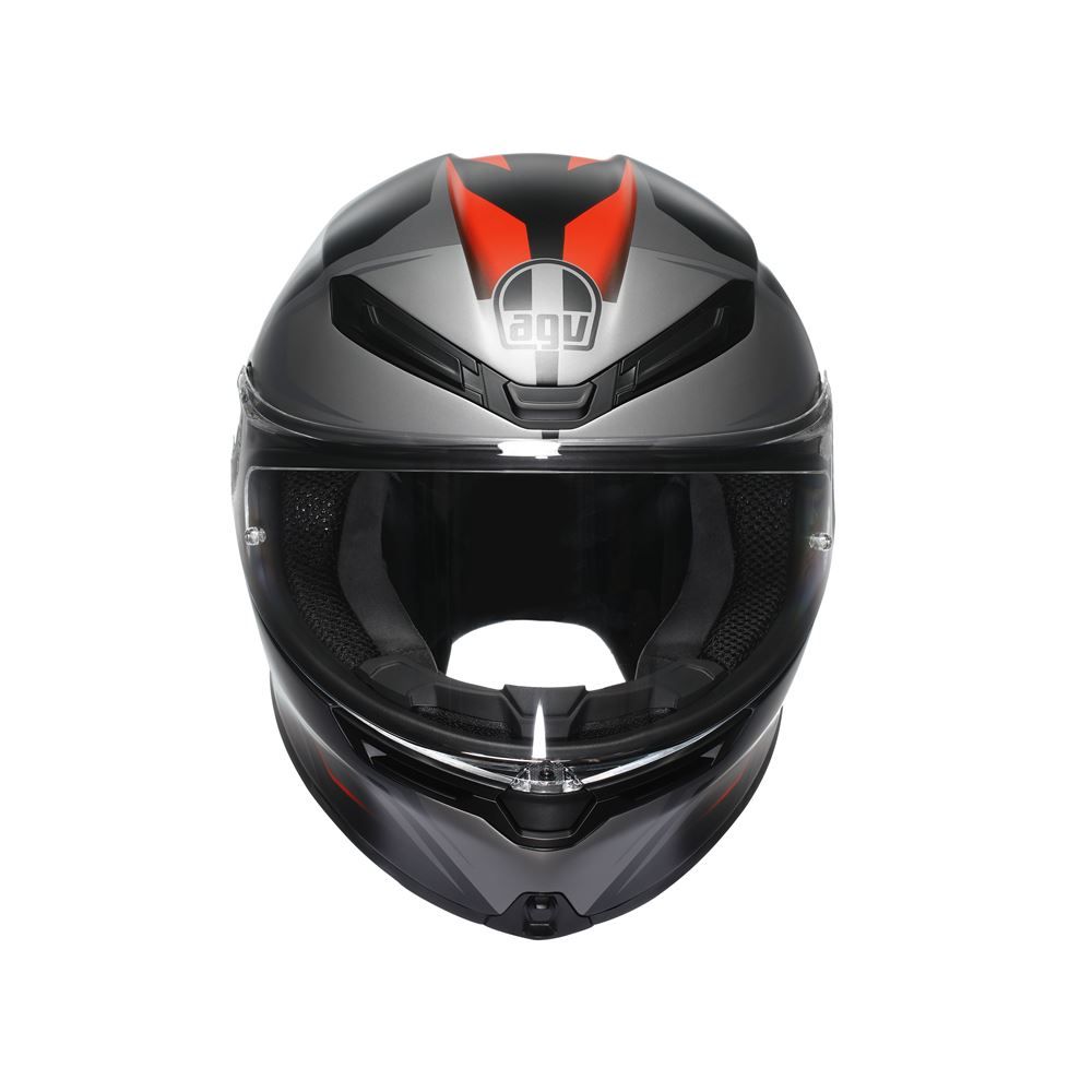 Black and red motorcycle helmet with a visible brand logo on a white background