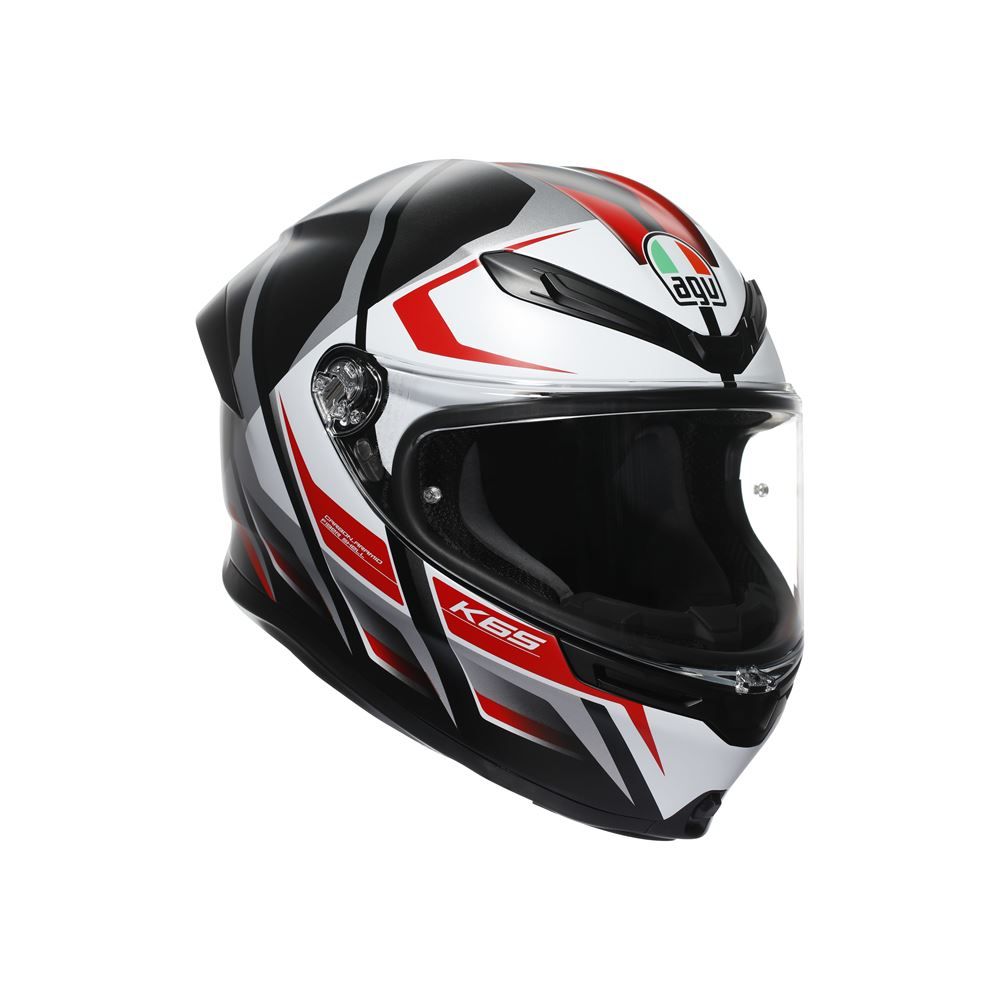 Motorcycle helmet with black, white, and red design on a white background