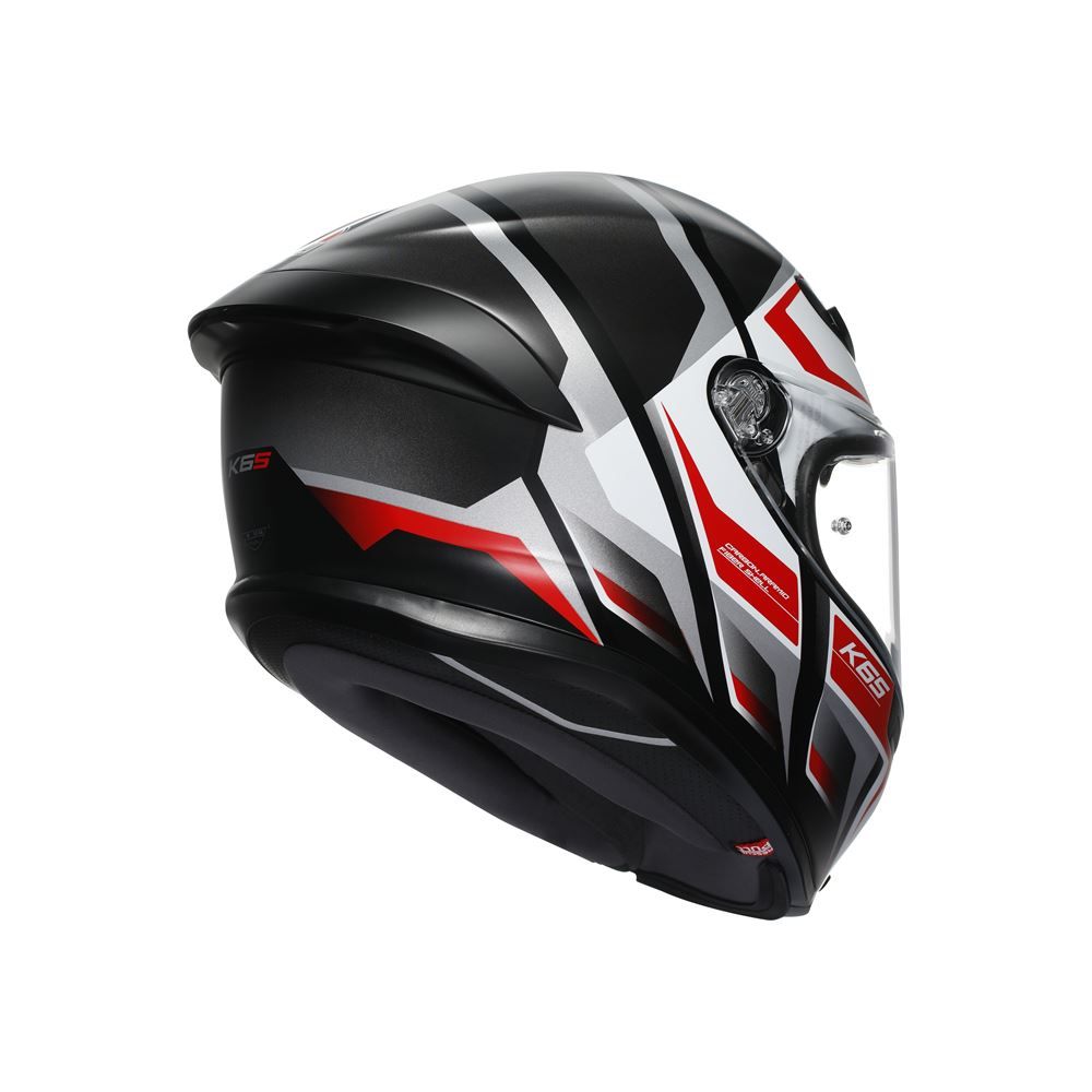 Black, white, and red motorcycle helmet on a white background