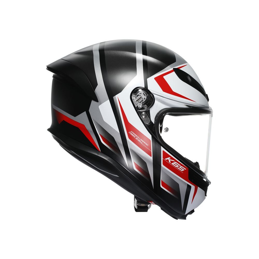 Black, white, and red motorcycle helmet on a white background