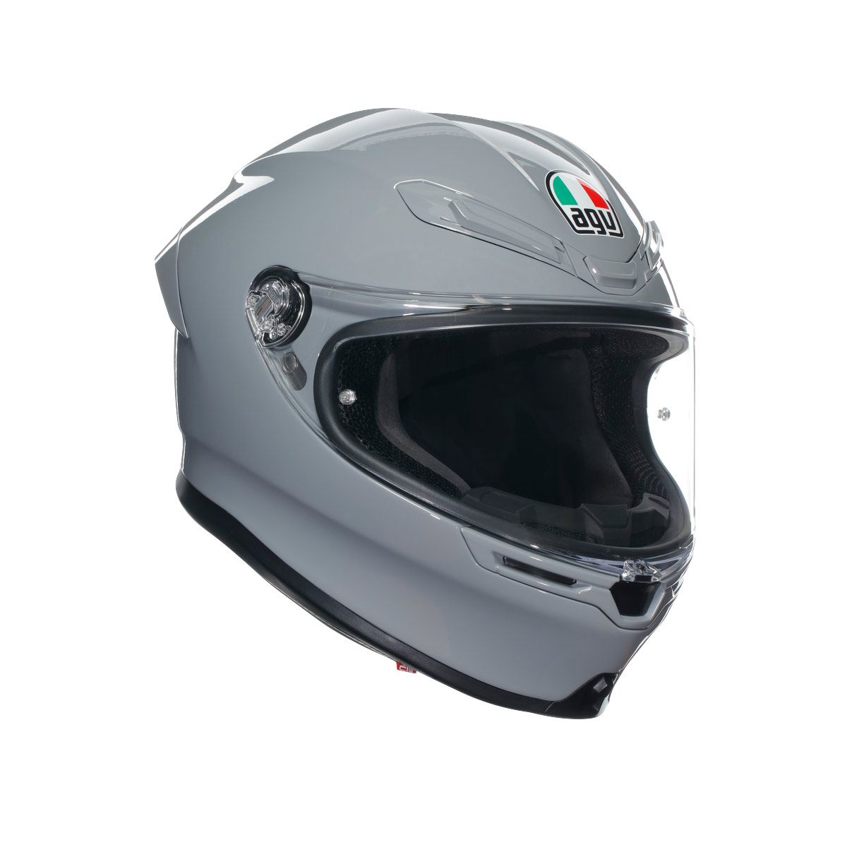 Gray motorcycle helmet with clear visor on a white background