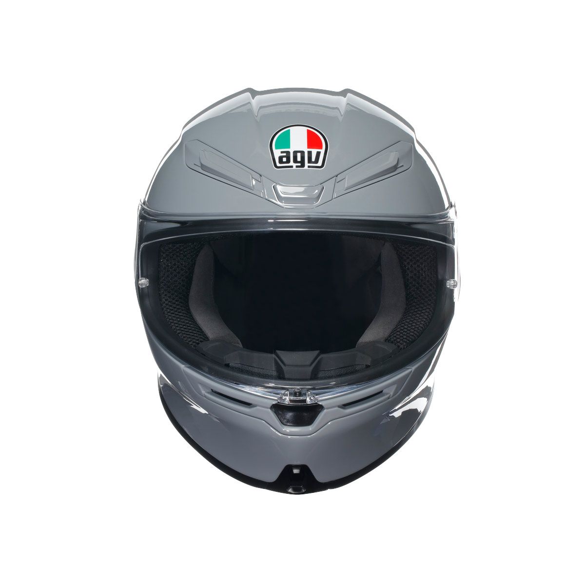 Gray motorcycle helmet with clear visor on a white background