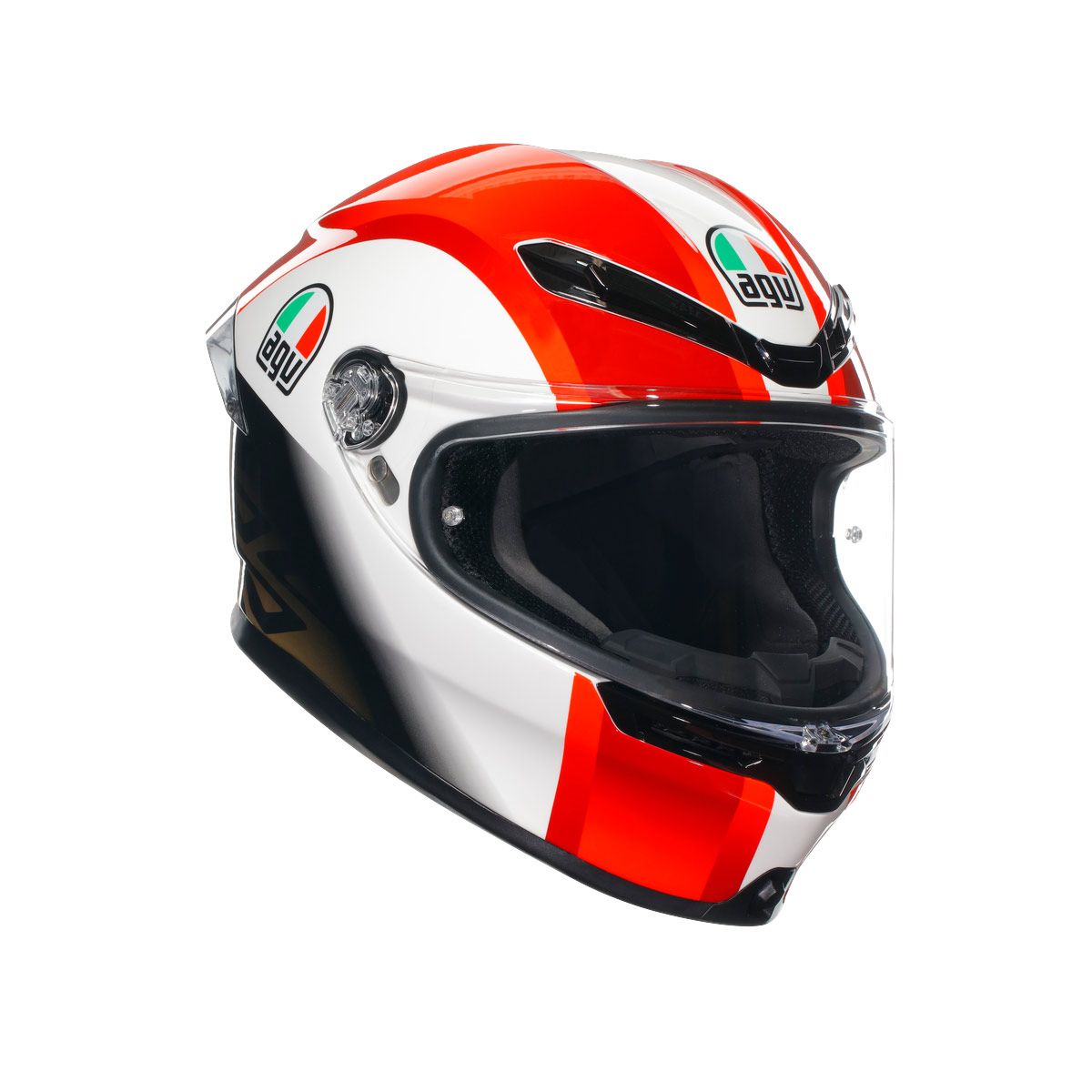 Motorcycle helmet with red and white design on a white background