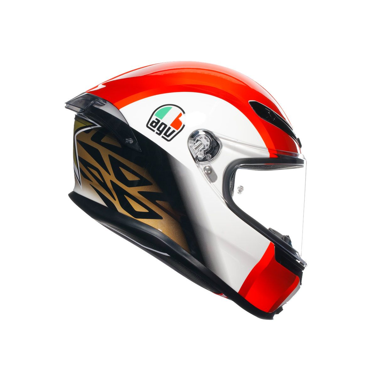 Motorcycle helmet with red, white, and black design on a white background