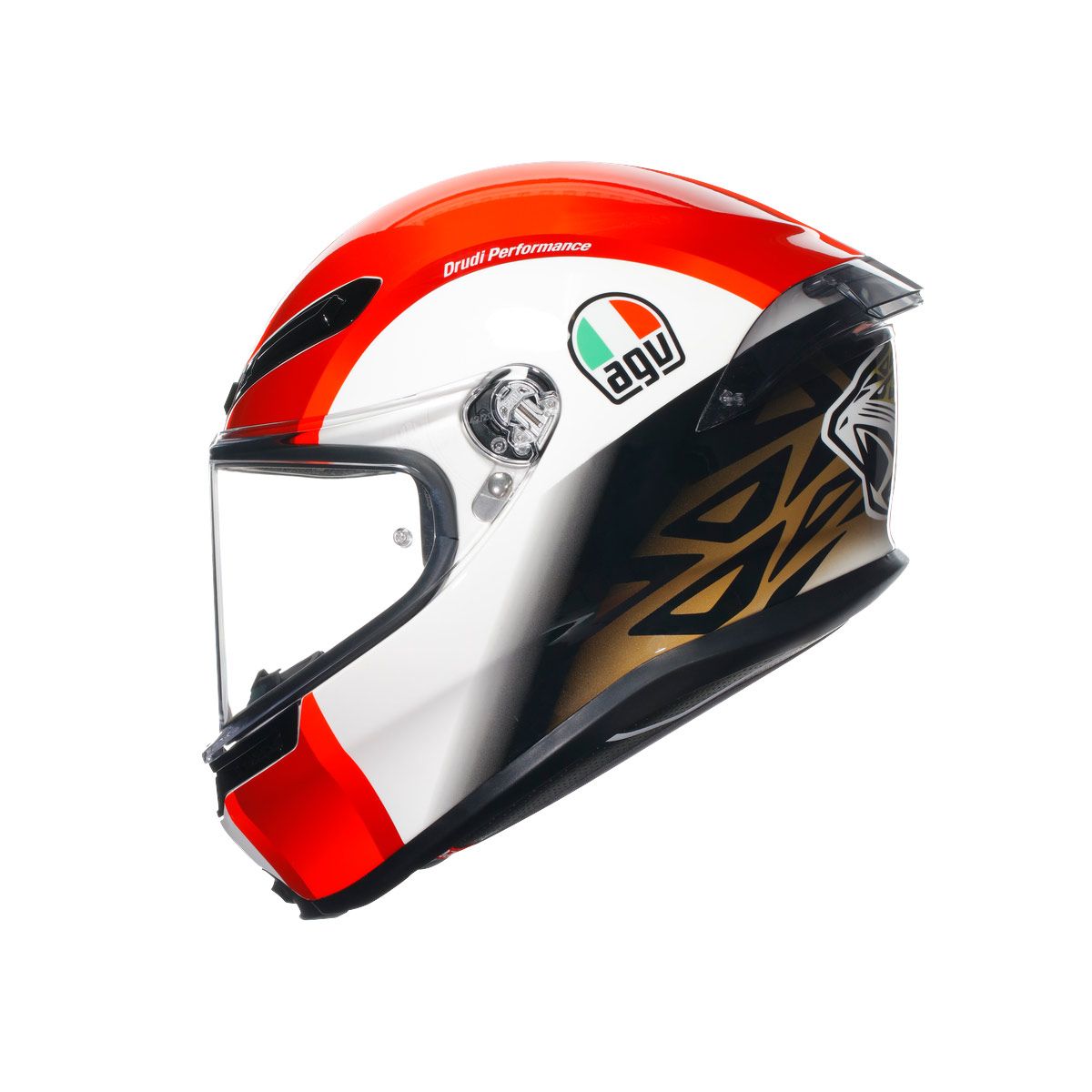 Motorcycle helmet with red, white, and black design on a white background