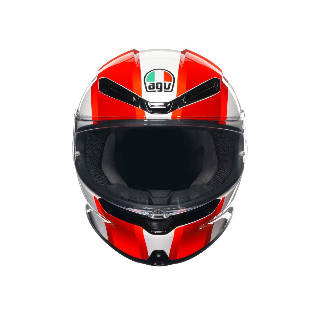 Motorcycle helmet with red and white design on a white background