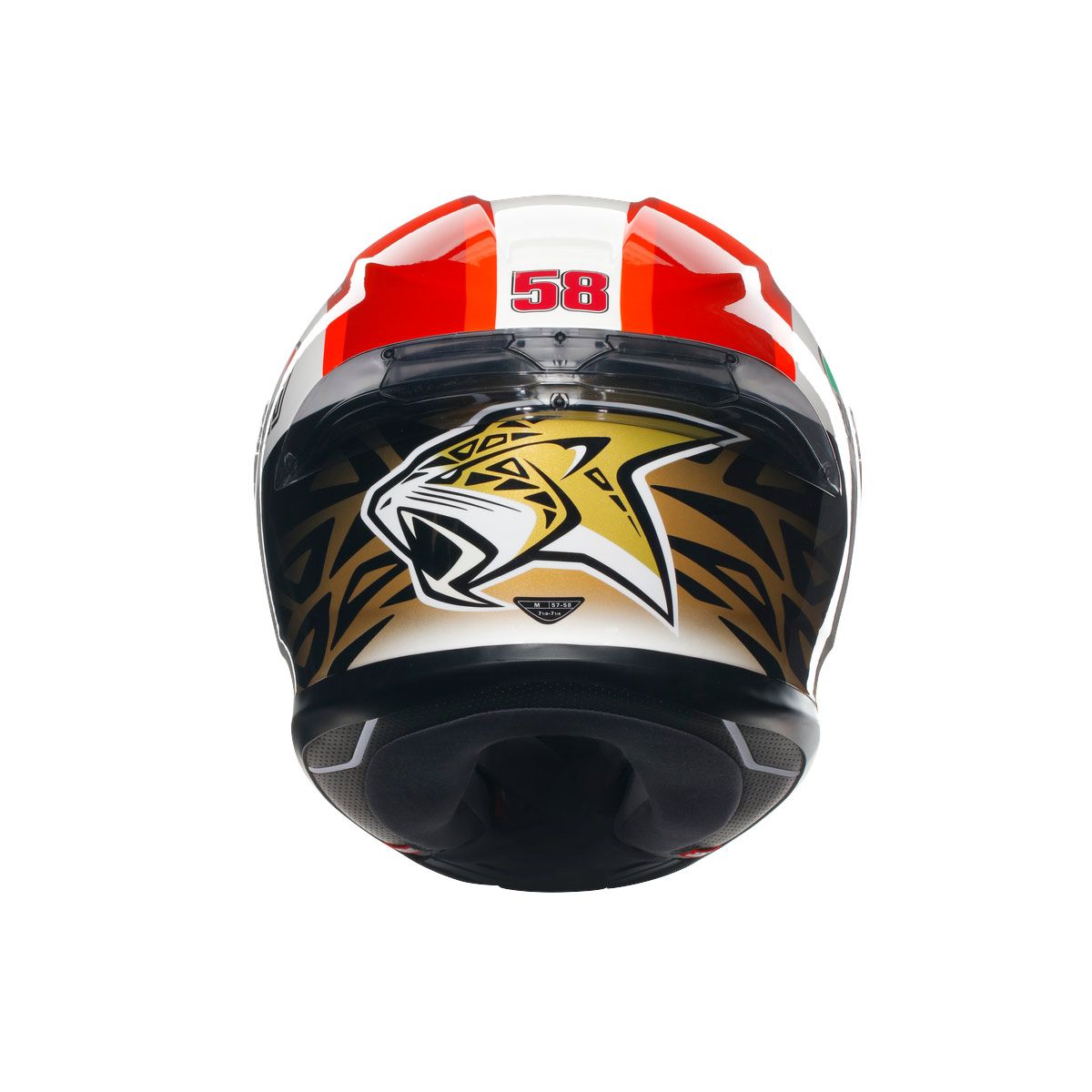 Motorcycle helmet with tiger design and number 58 on a white background