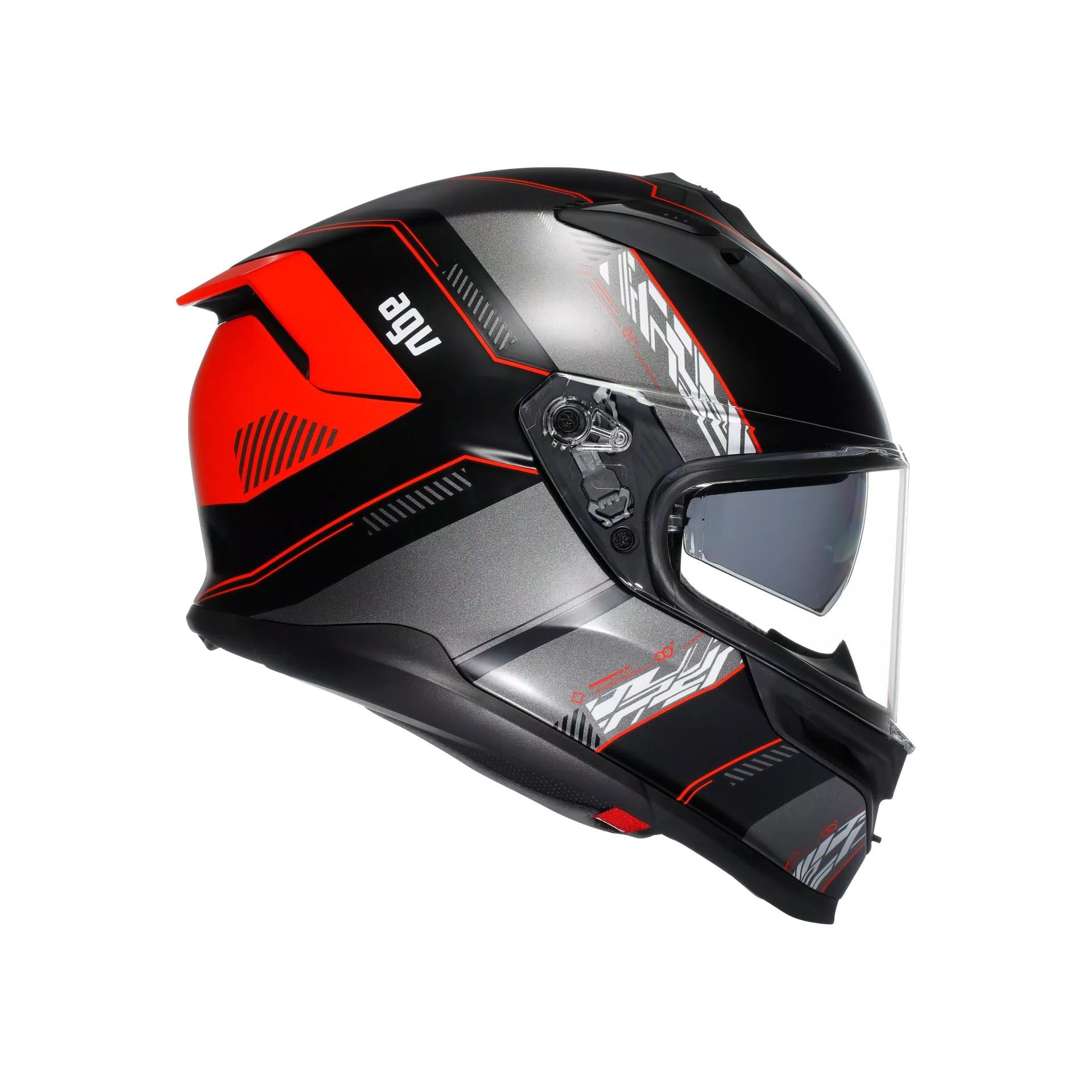 Black and red motorcycle helmet with clear visor on a white background