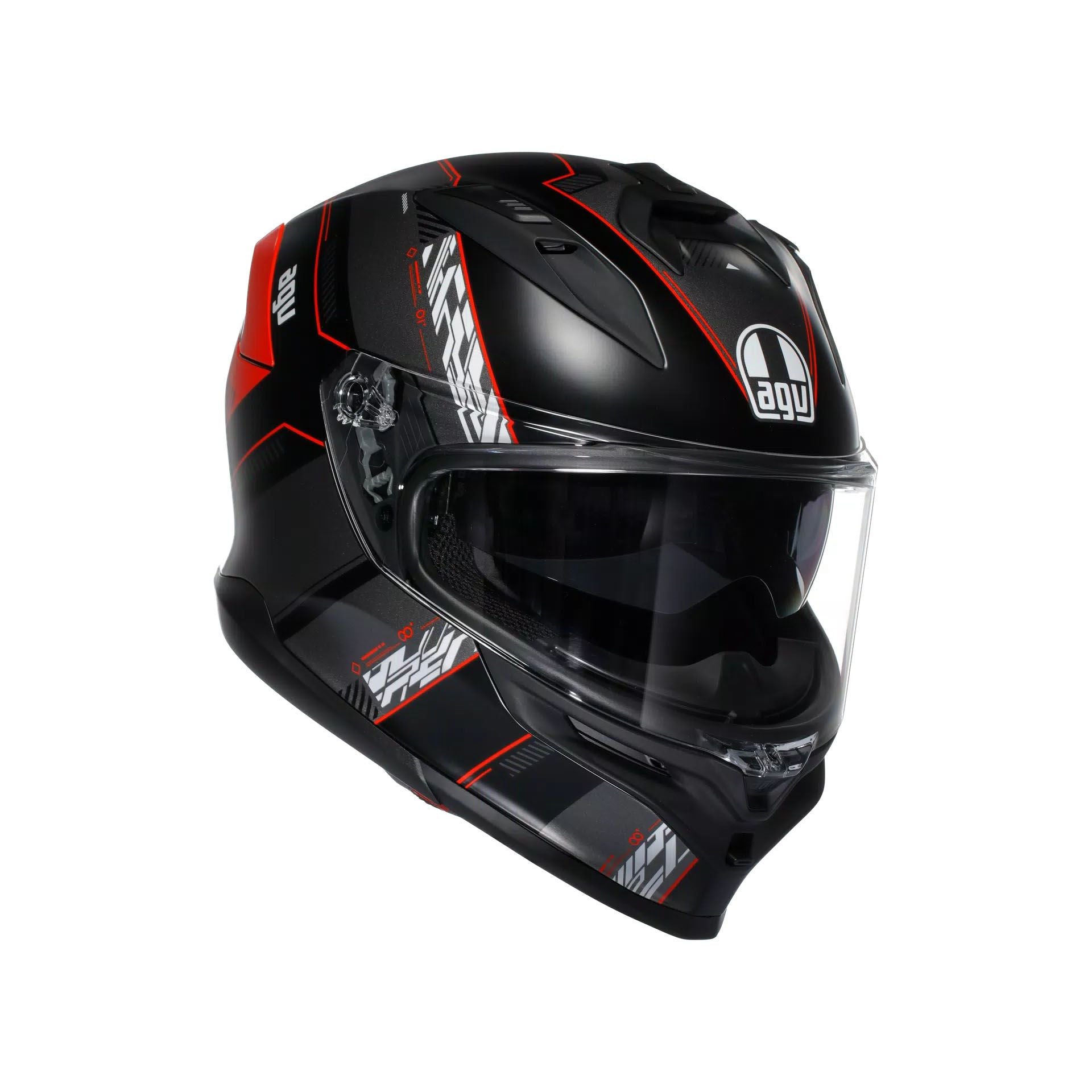 Black motorcycle helmet with red and white accents on a white background