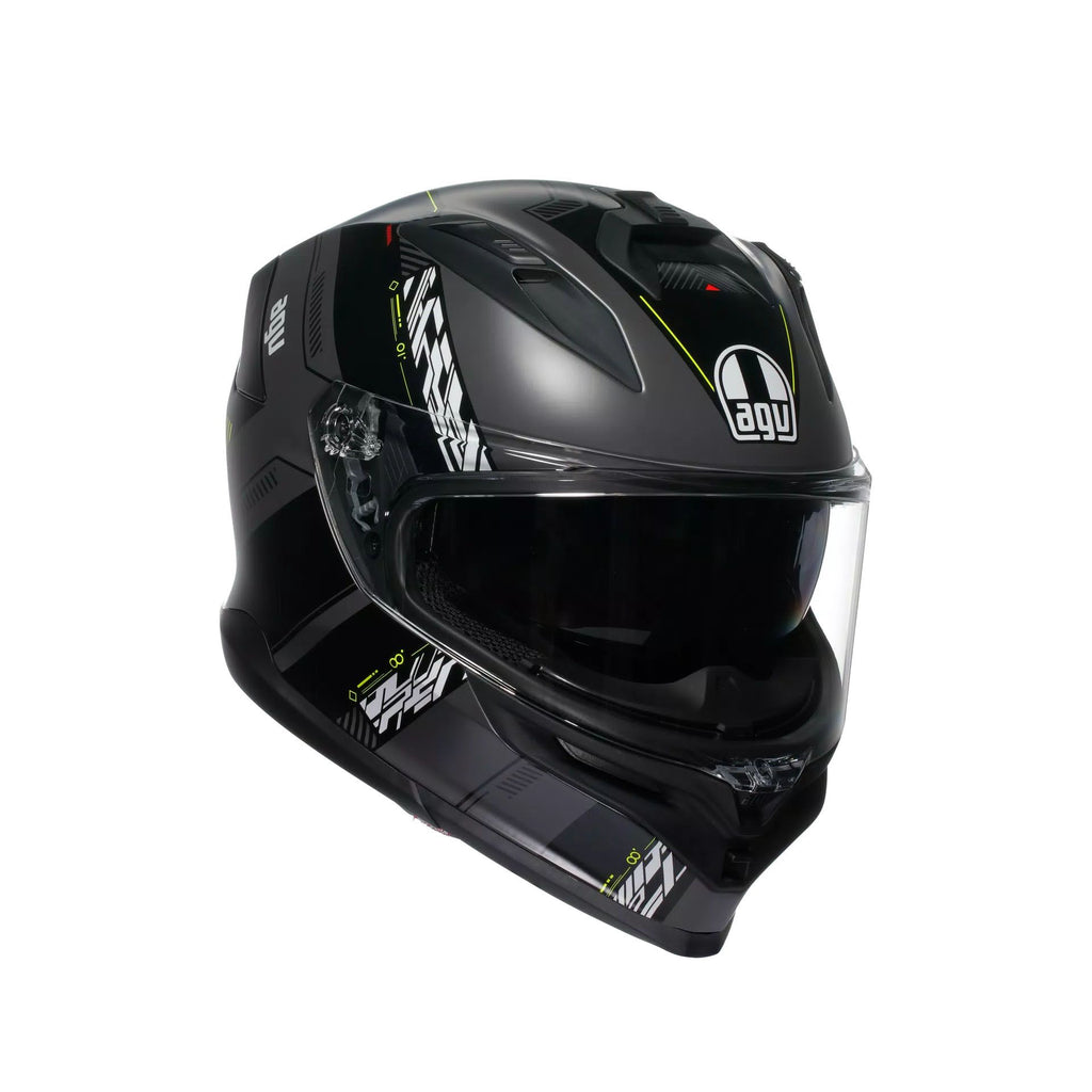 Black motorcycle helmet with visible branding on a white background