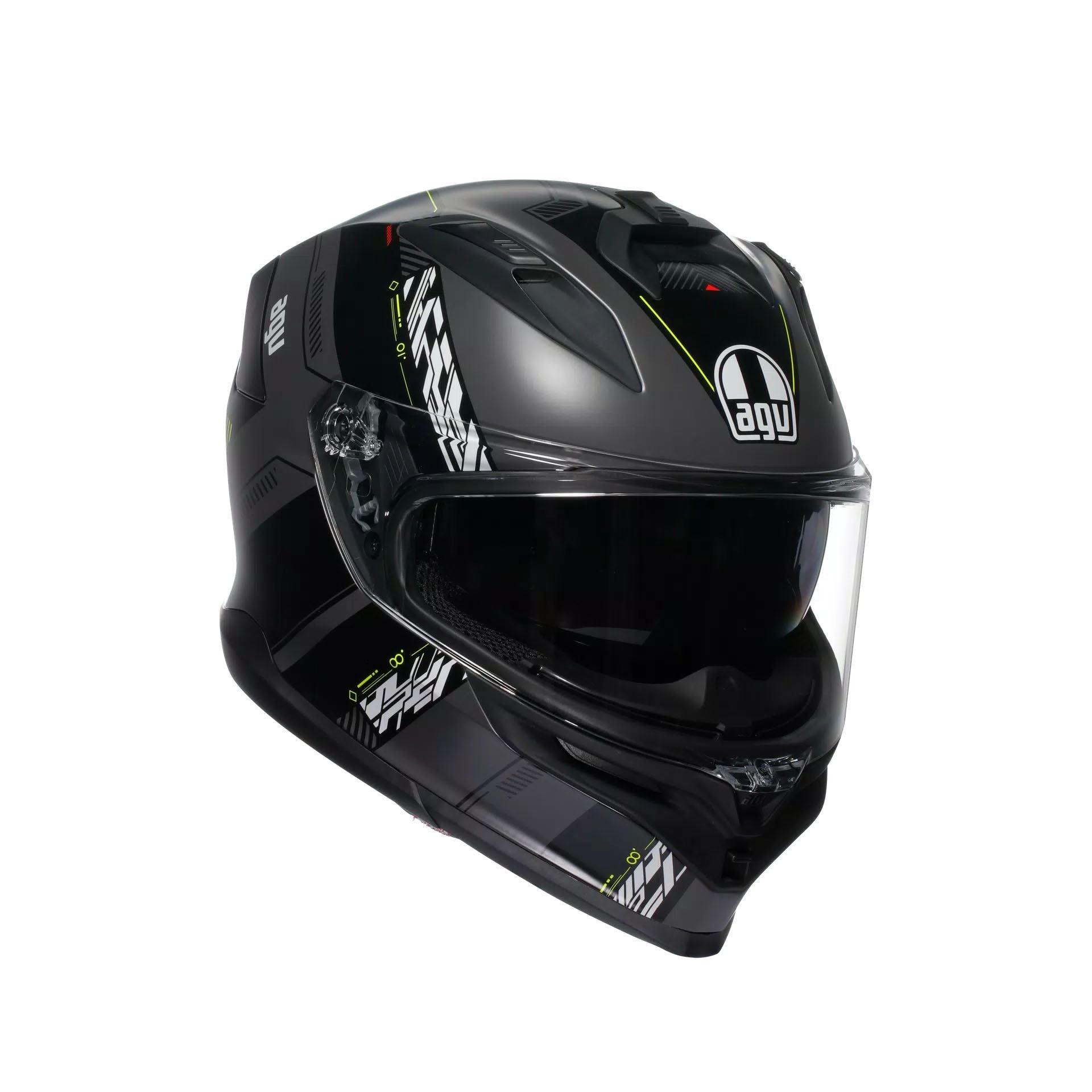 Black motorcycle helmet with visible branding on a white background