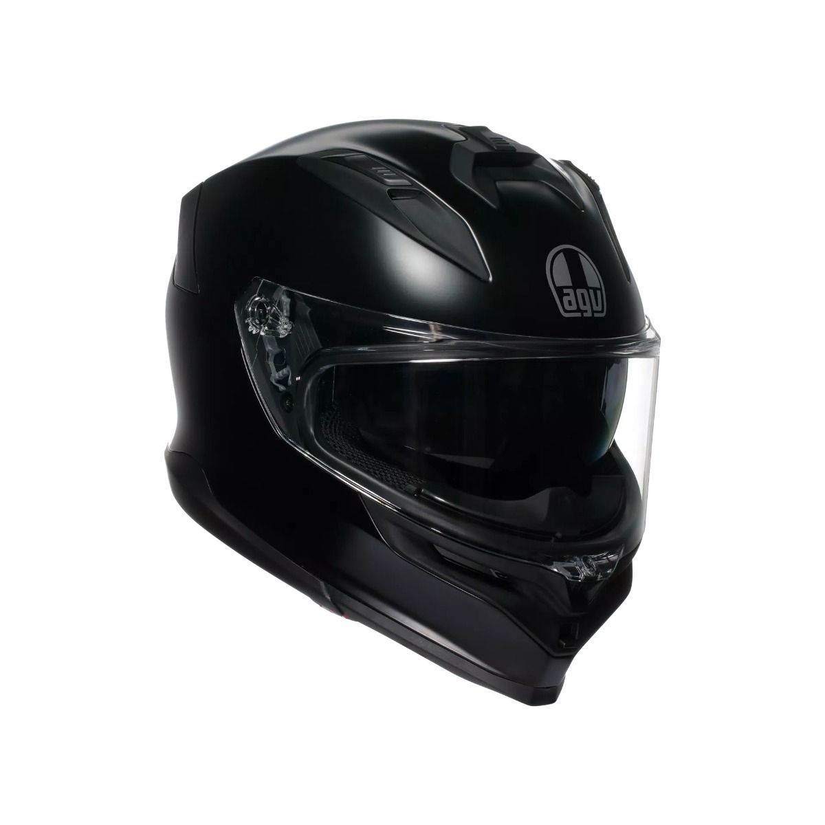 Black motorcycle helmet with clear visor on a white background