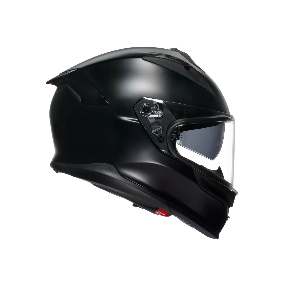 Black motorcycle helmet with a clear visor on a white background