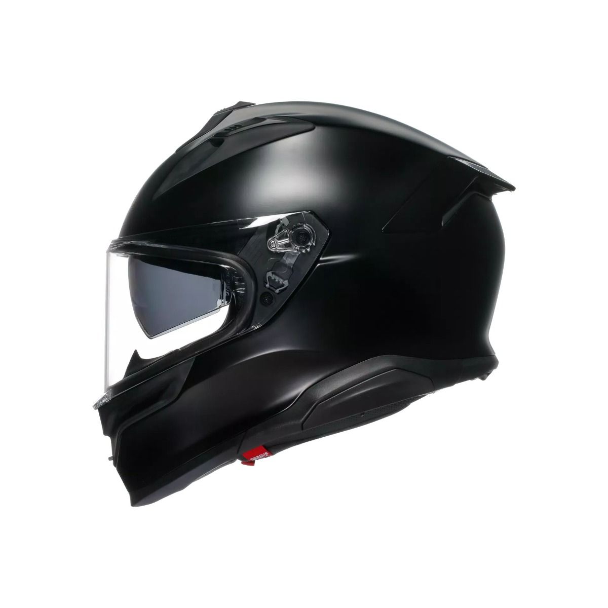 Black motorcycle helmet with clear visor on a white background