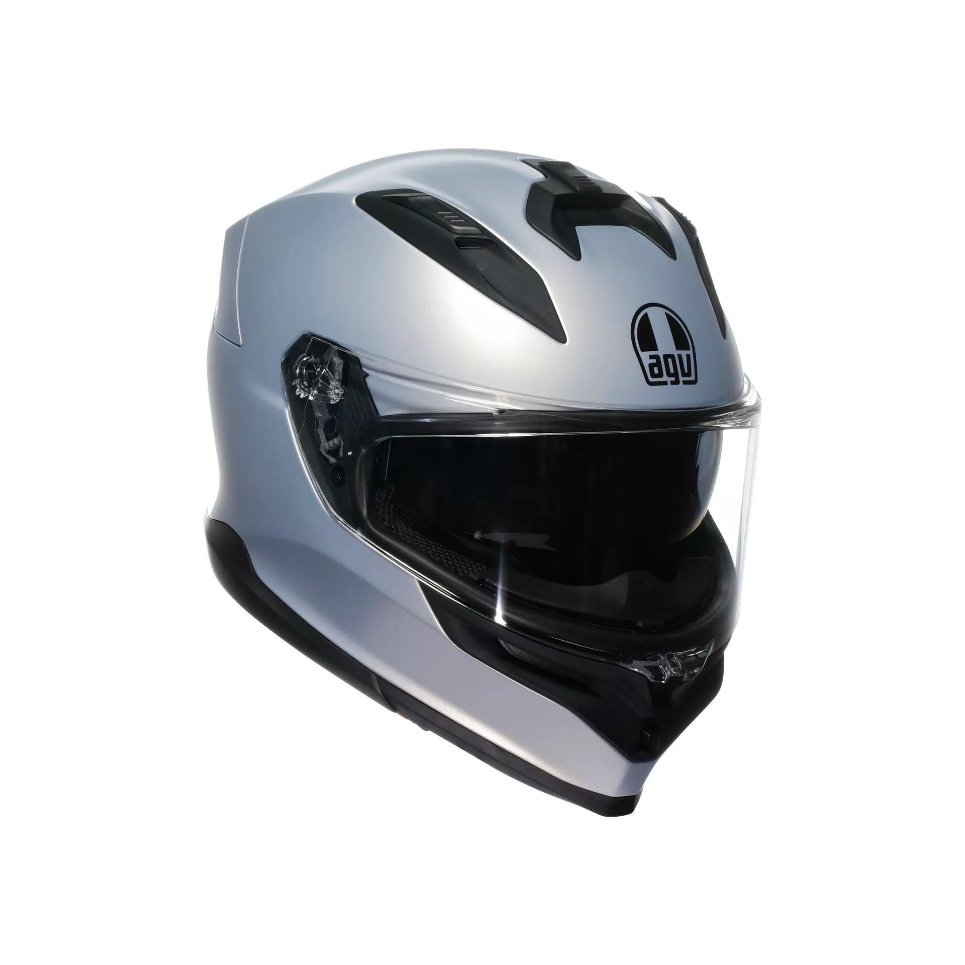 Silver and black motorcycle helmet on a white background