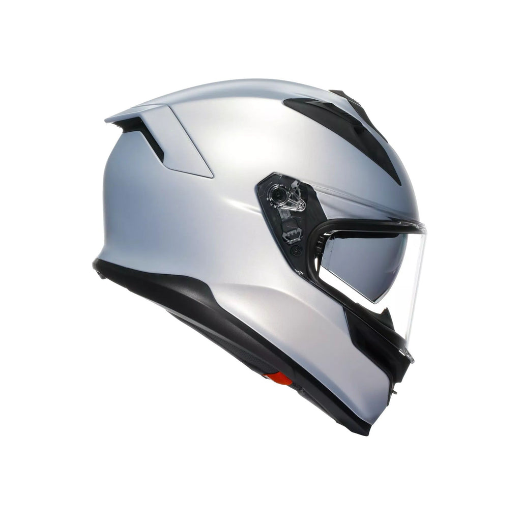 Silver motorcycle helmet with clear visor on a white background