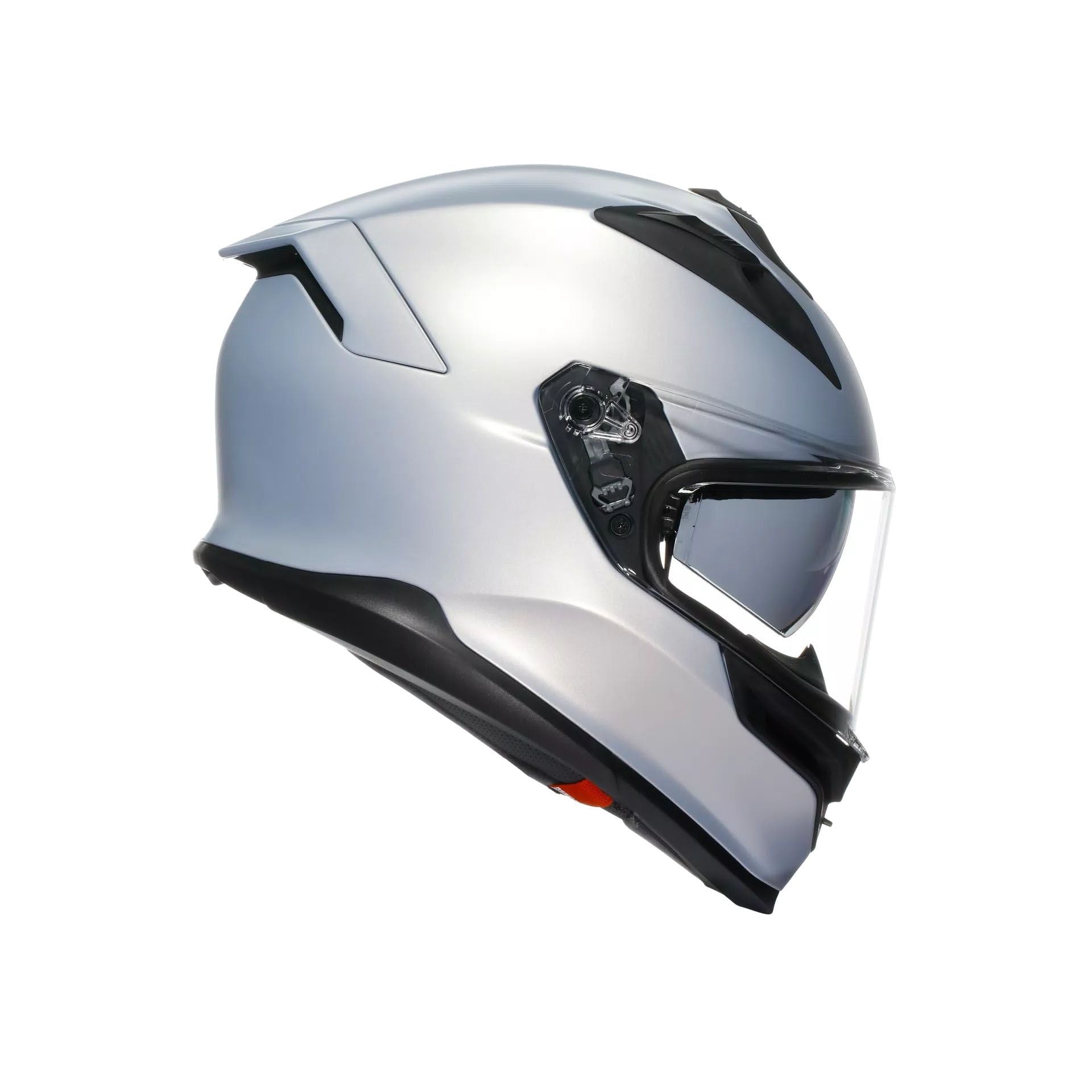 Silver motorcycle helmet with clear visor on a white background