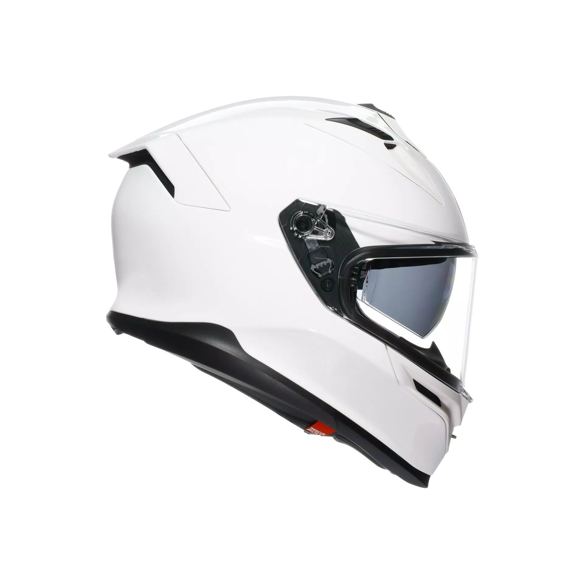 White motorcycle helmet with a clear visor on a white background