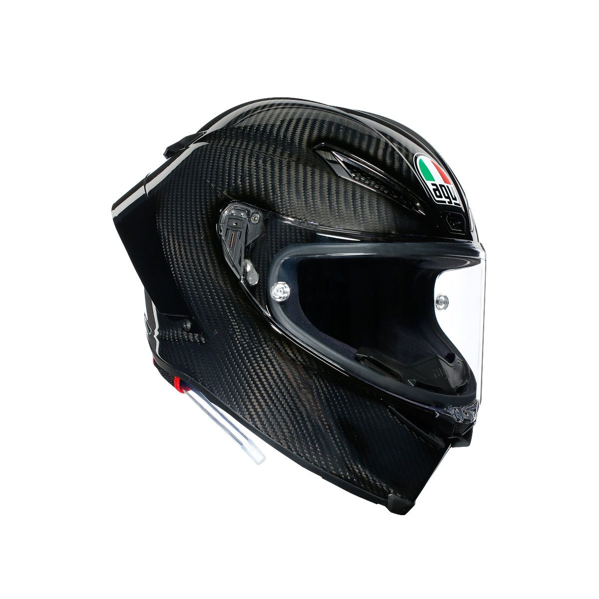 Carbon fiber motorcycle helmet with clear visor on a white background