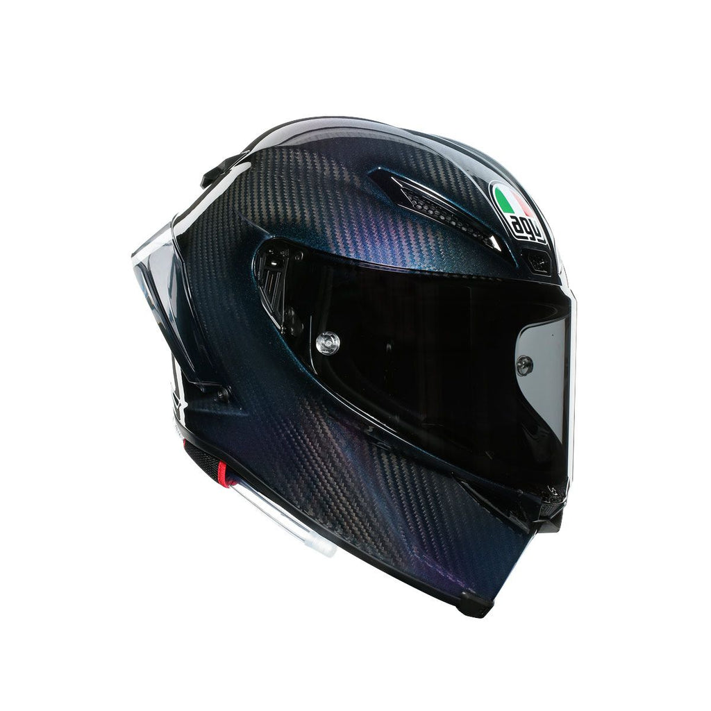 Carbon fiber motorcycle helmet with clear visor on a white background