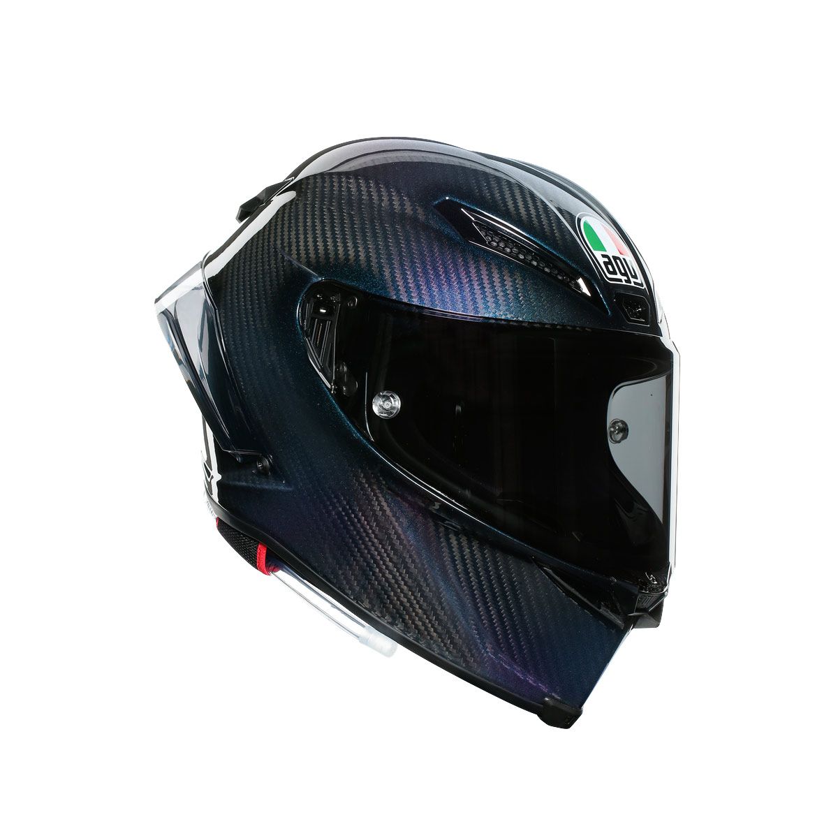 Carbon fiber motorcycle helmet with clear visor on a white background