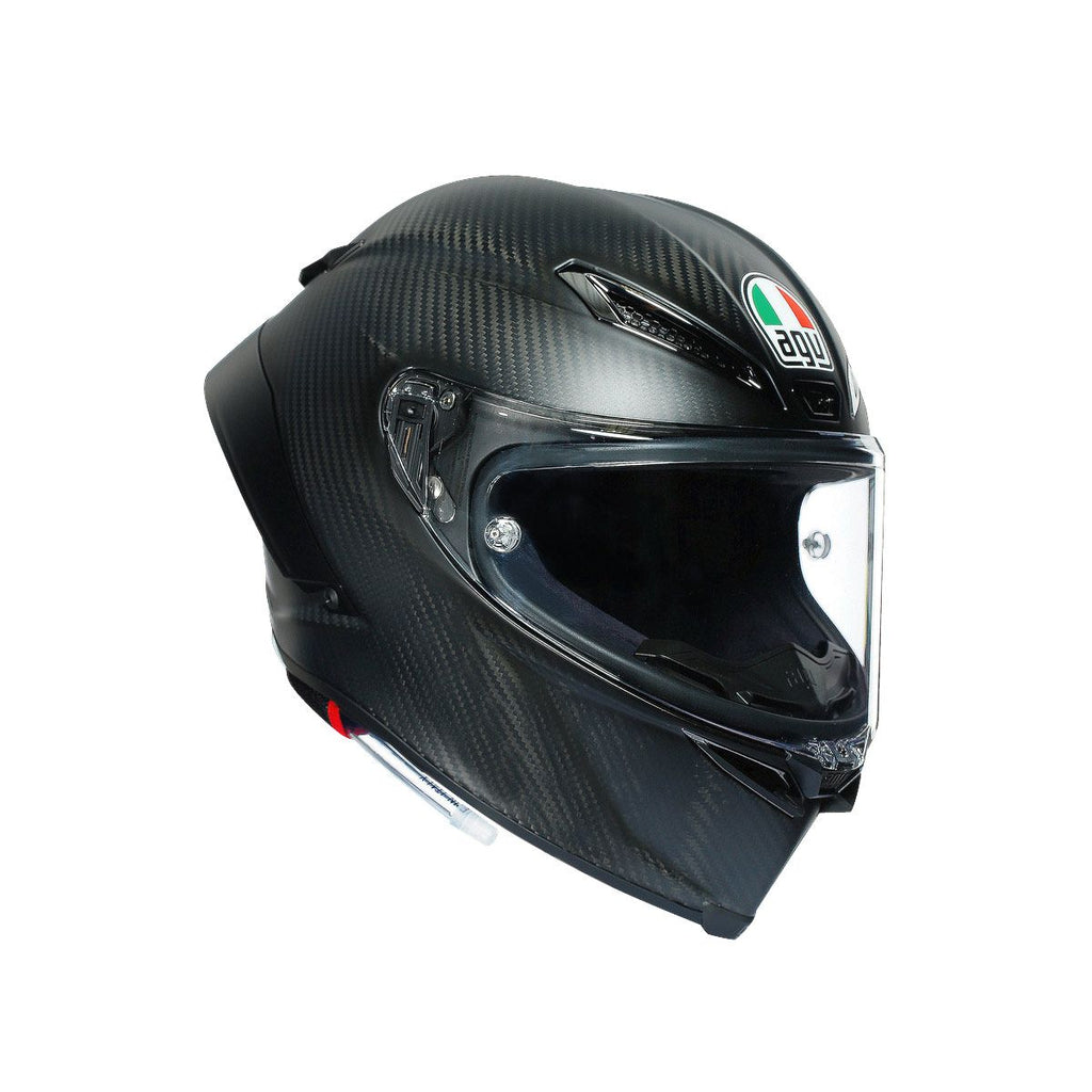 Carbon fiber motorcycle helmet with clear visor on a white background