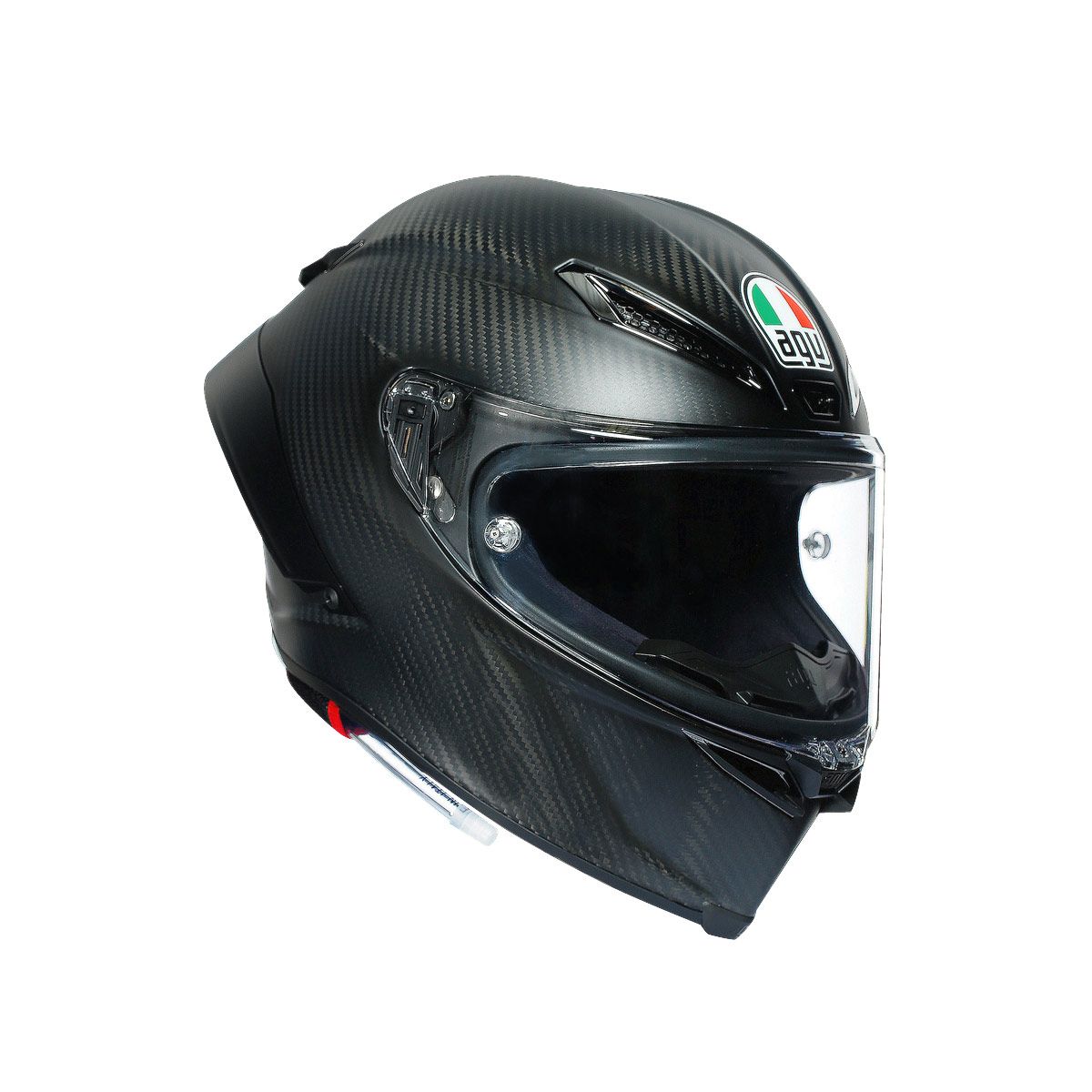 Carbon fiber motorcycle helmet with clear visor on a white background