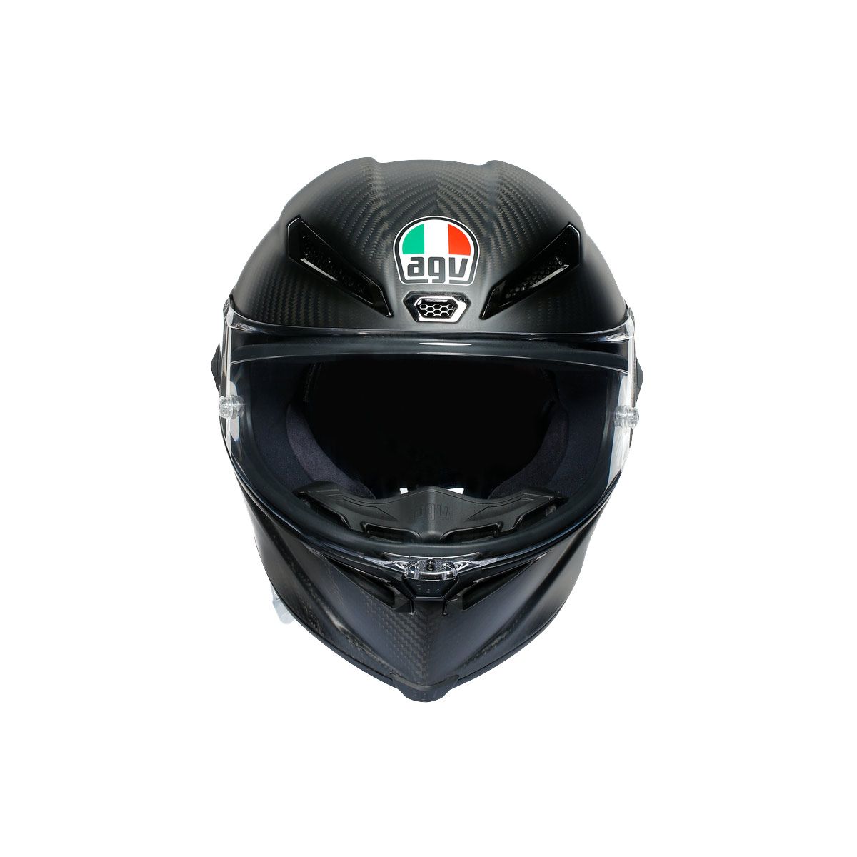 Black motorcycle helmet with AGV logo on a white background