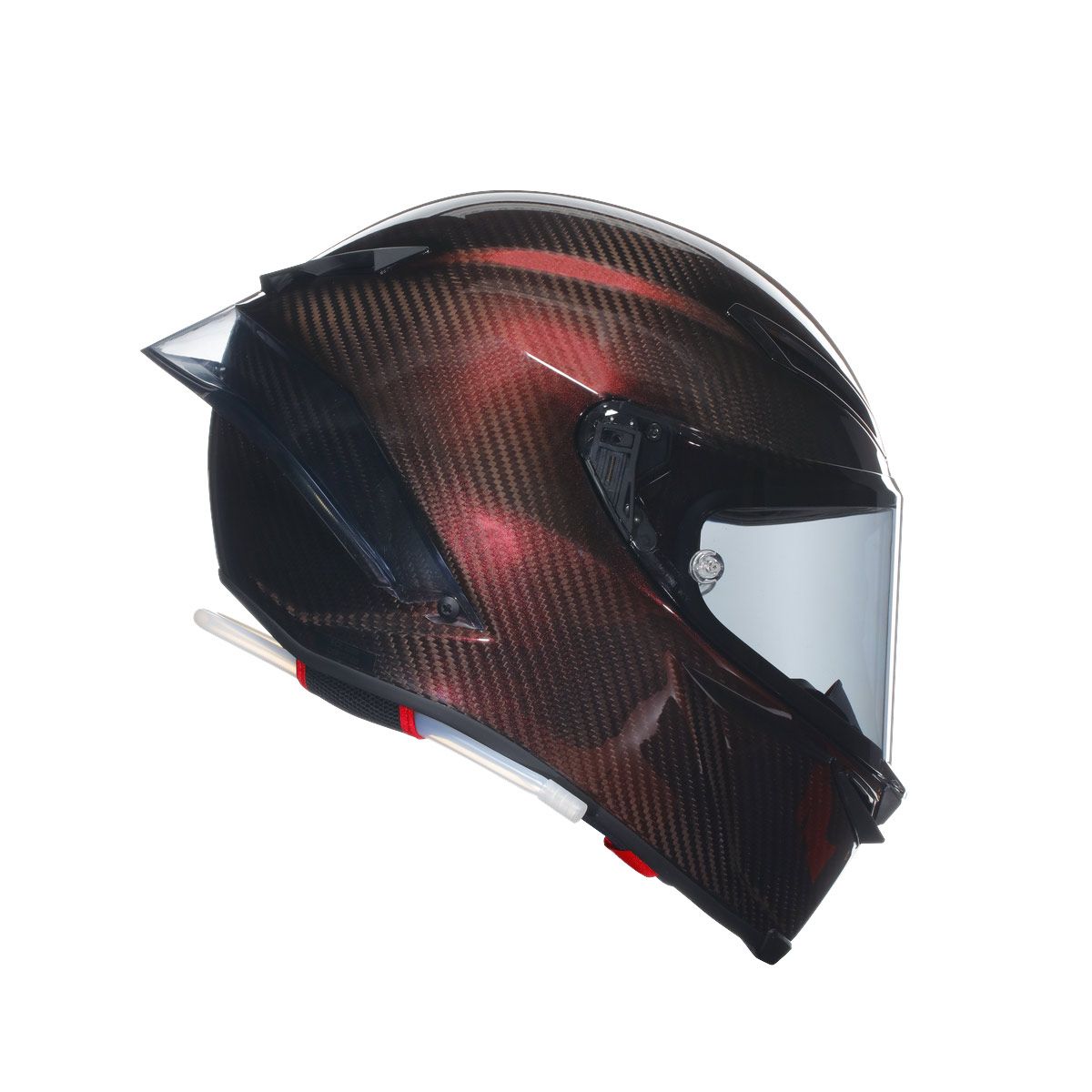 Black motorcycle helmet with a clear visor on a white background