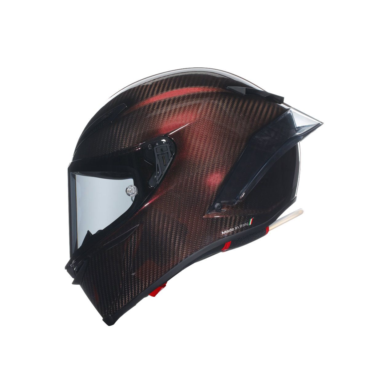 Black motorcycle helmet with carbon fiber pattern on a white background